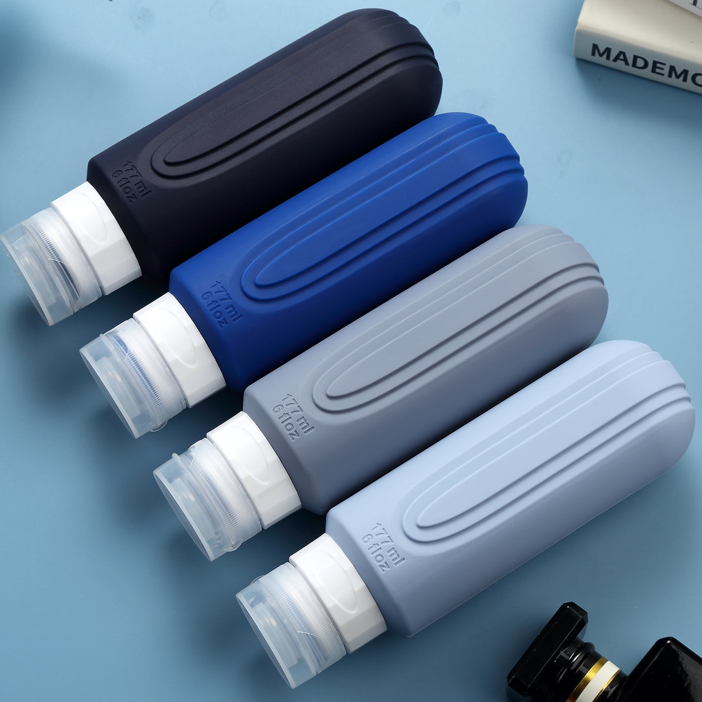 Micebay Leak-Proof 6-oz Silicone Squeezable Travel Bottles for Toiletries, Refillable Travel Size Containers, BPA Free, TSA Approved, Blue, 4 Pack