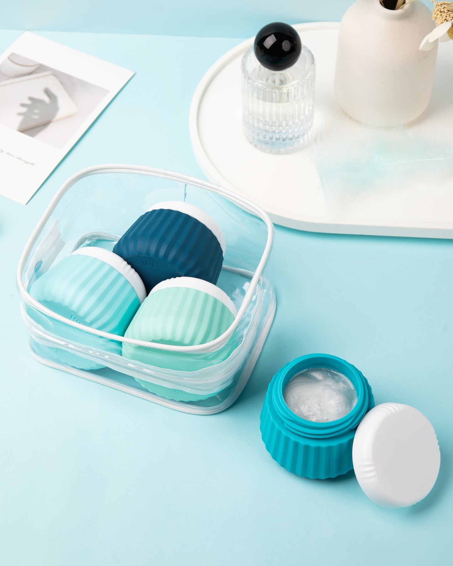 Micebay Travel Containers for Toiletries 4 Pack, TSA Approved Travel Size Toiletries, Travel Size Containers, With Clear Bag Leak Proof Silicone Jars, Travel Essentials Creams Jars Carrying Small Item