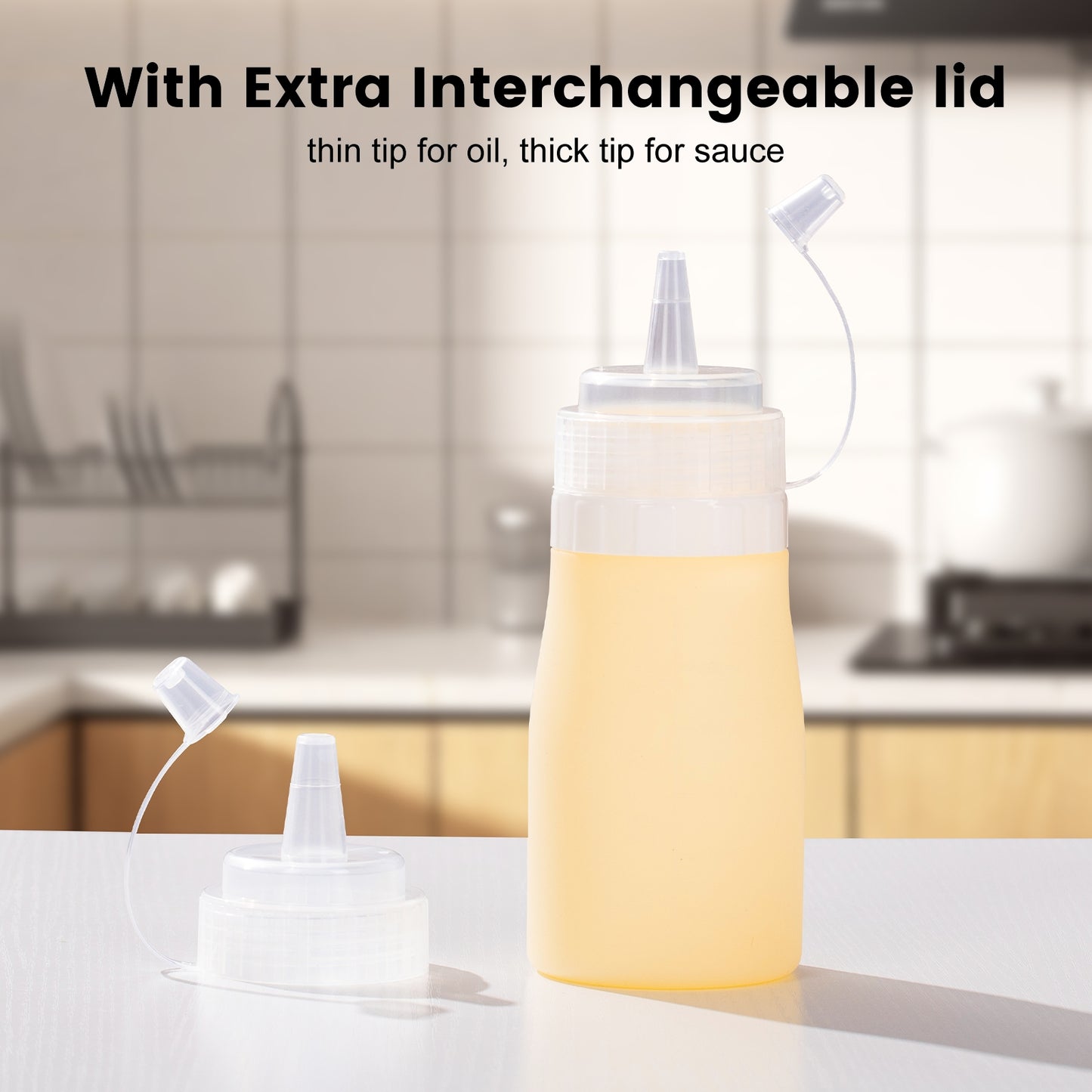 Micebay 12 oz Silicone Condiment Squeeze Bottles, Leak Proof, BPA Free, with Interchangeable Lids, Set of 4 for Oil, Honey, Dressing, Cream