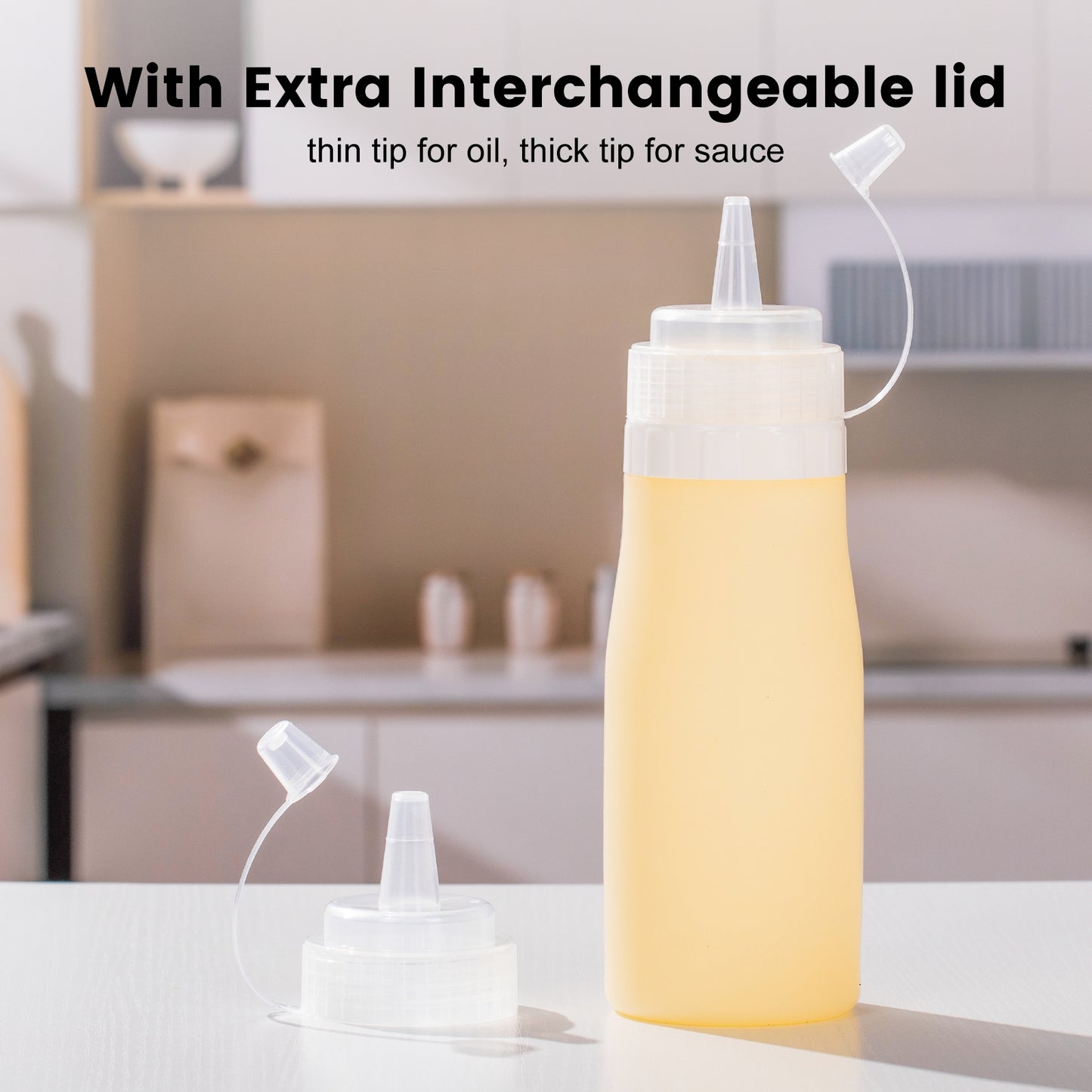 Micebay 16 oz Silicone Condiment Squeeze Bottles, Leak Proof, BPA Free, with Interchangeable Lids, Set of 4 for Oil, Honey, Dressing, Cream