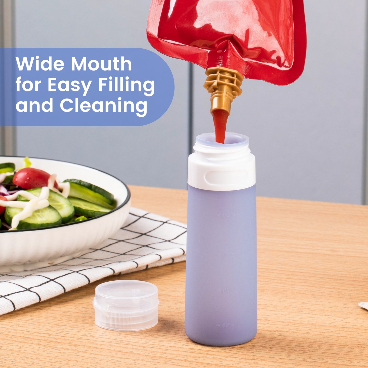 Micebay 3 oz Silicone Condiment Squeeze Bottles, Leakproof Mini Sauce Containers with Reusable Bag, 4-Pack for Meal Prep and Bento Boxes, Blue