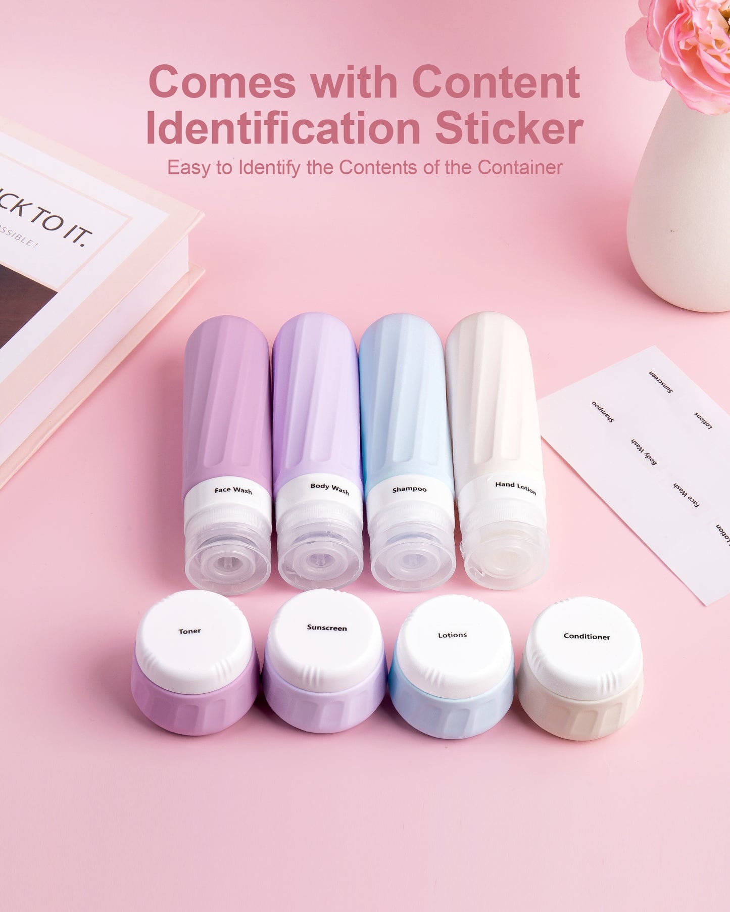 Micebay Travel Bottles for Toiletries 8 Pack, Travel Size Toiletries, Tsa Approved Travel Size Containers 3oz, with Travel Essentials Clear Bag, Leak Proof Silicone Squeezable Creams Jars