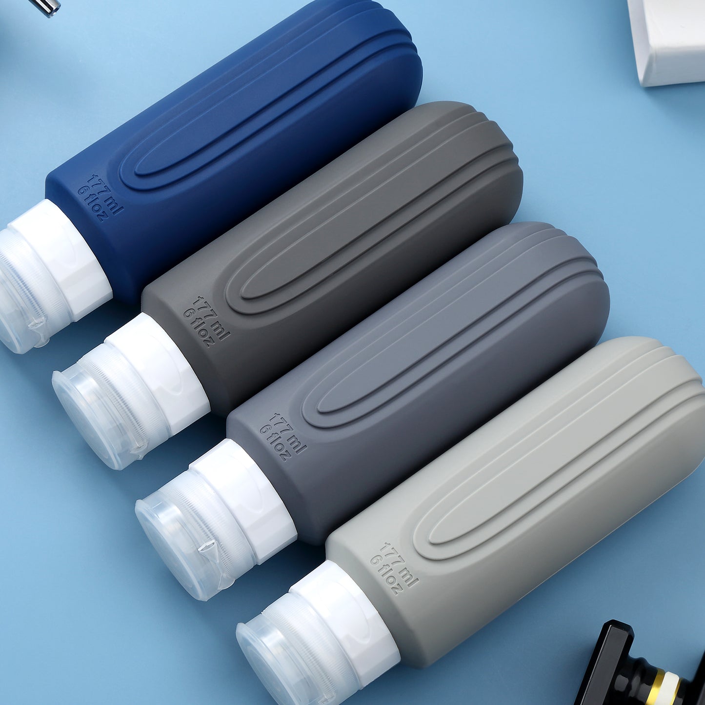 Micebay Leak-Proof 6-oz Silicone Squeezable Travel Bottles for Toiletries, Refillable Travel Size Containers, BPA Free, TSA Approved, Navy-Gray, 4 Pack