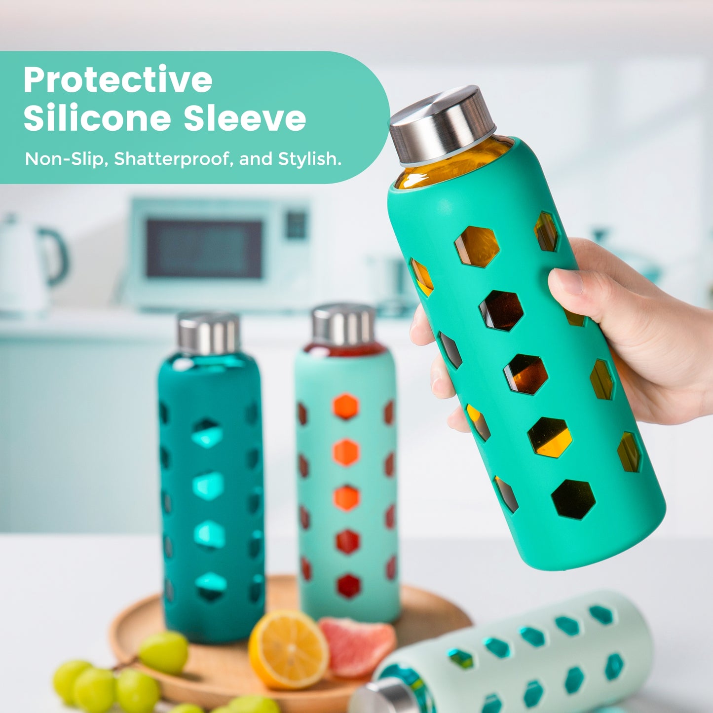 Micebay Glass Juice Bottles with Lids and Silicone Sleeves 18 oz, 4-Pack Reusable Clear Glass Water Bottles with Stainless Steel Airtight Cap for Juicing, Refrigerator, BPA Free Leak-Proof Drinking Jar