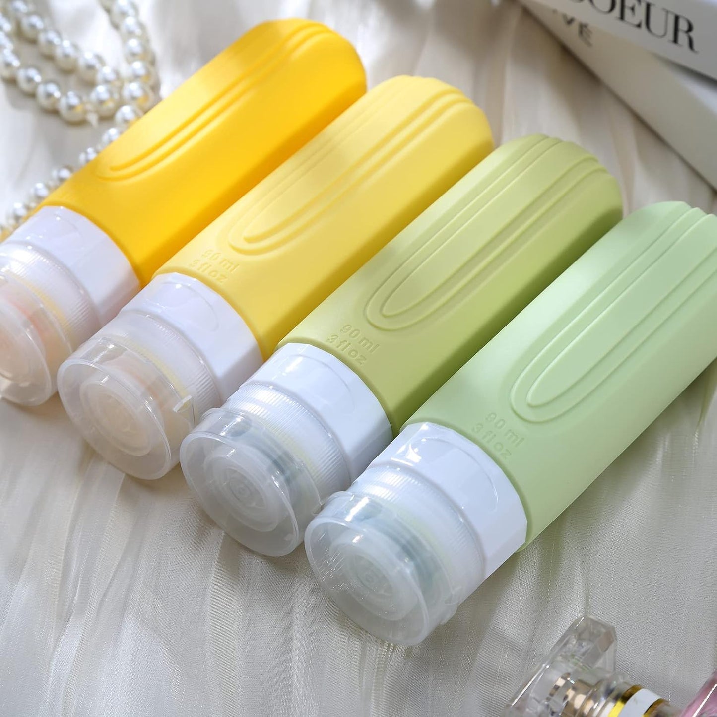 Micebay Leak-Proof 3-oz Silicone Squeezable Travel Bottles for Toiletries, Refillable Travel Size Containers, BPA Free, TSA Approved, Yellow, 4 Pack