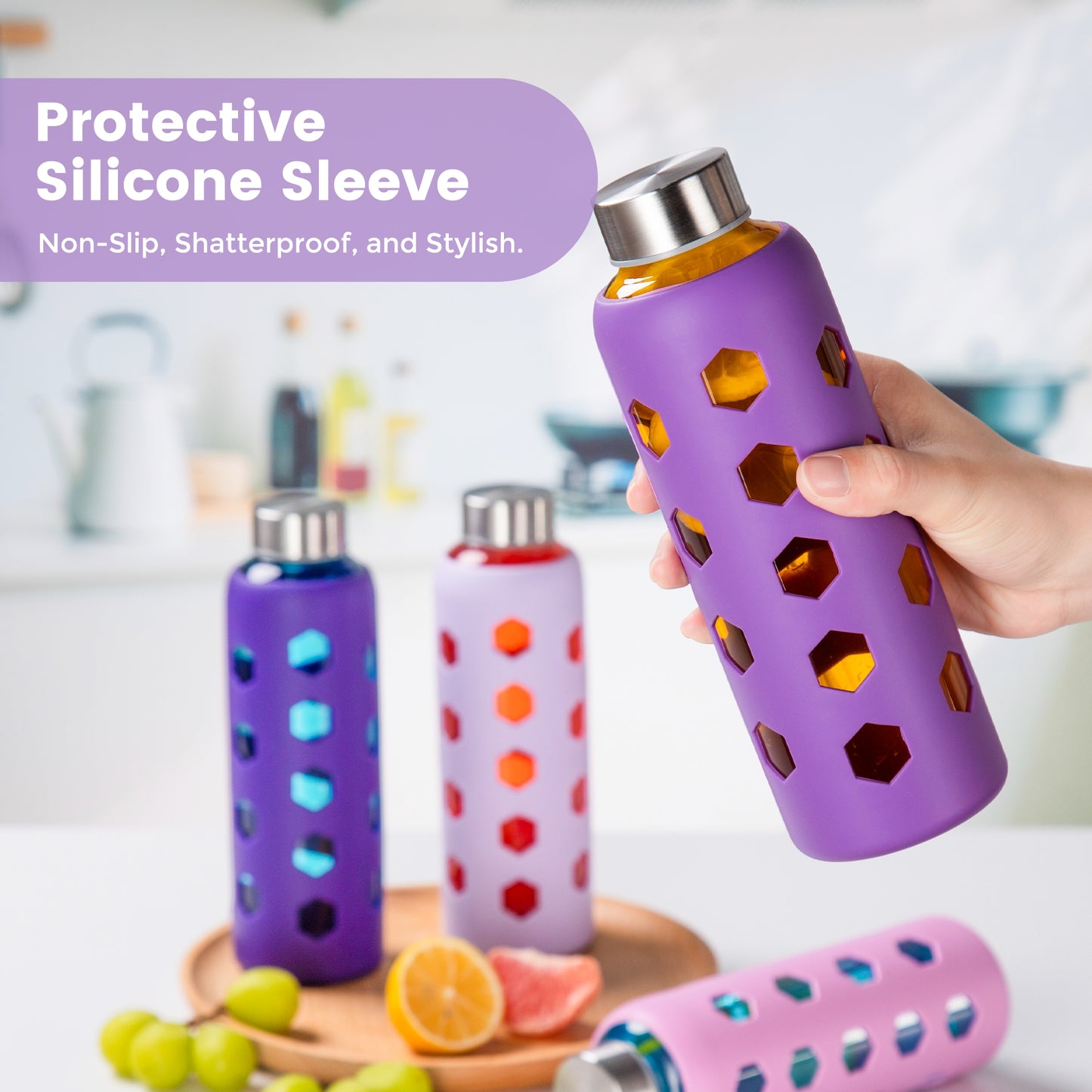 Micebay Glass Juice Bottles with Lids and Silicone Sleeves 18 oz, 4-Pack Reusable Clear Glass Water Bottles with Stainless Steel Airtight Cap for Juicing, Refrigerator, BPA Free Leak-Proof Drinking Jar