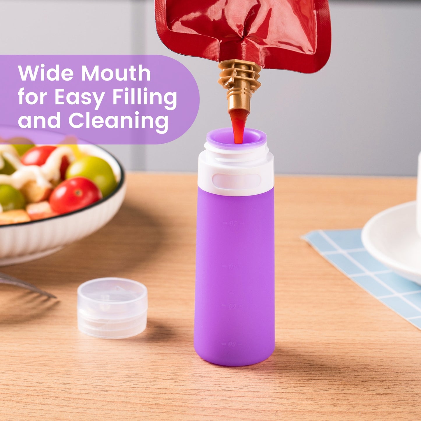 Micebay 3 oz Silicone Condiment Squeeze Bottles, Leakproof Mini Sauce Containers with Reusable Bag, 4-Pack for Meal Prep and Bento Boxes, Purple