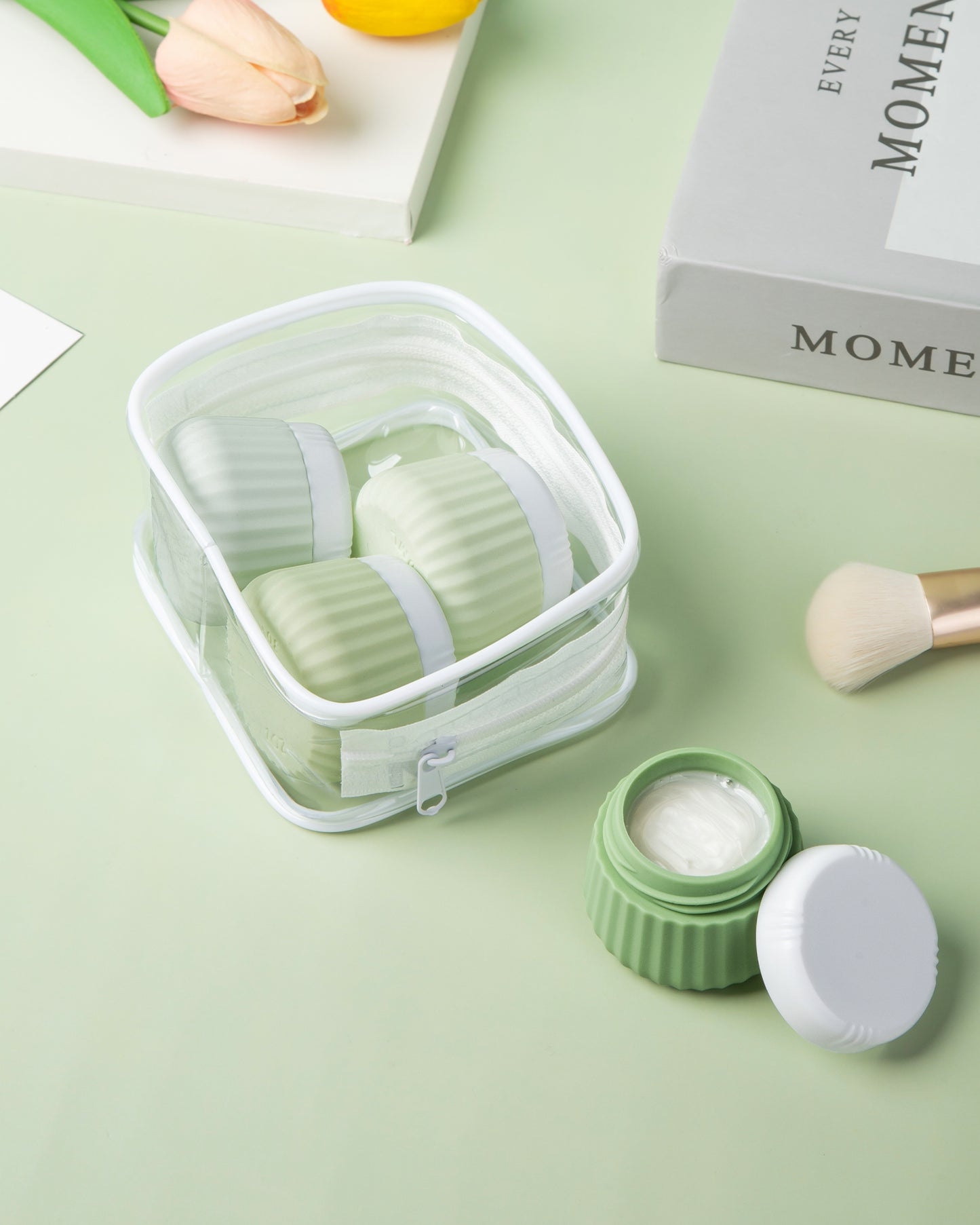 Micebay Travel Containers for Toiletries 4 Pack, TSA Approved Travel Size Toiletries, Portable Size Containers, With Clear Bag Leak Proof Silicone Jars, Essentials Creams Jars Carrying Small Items