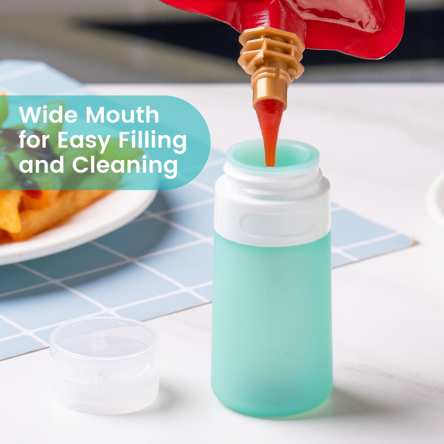 Micebay 2 oz Silicone Condiment Squeeze Bottles, Leakproof Mini Sauce Containers with Reusable Bag, 4-Pack for Meal Prep and Bento Boxes, Mint