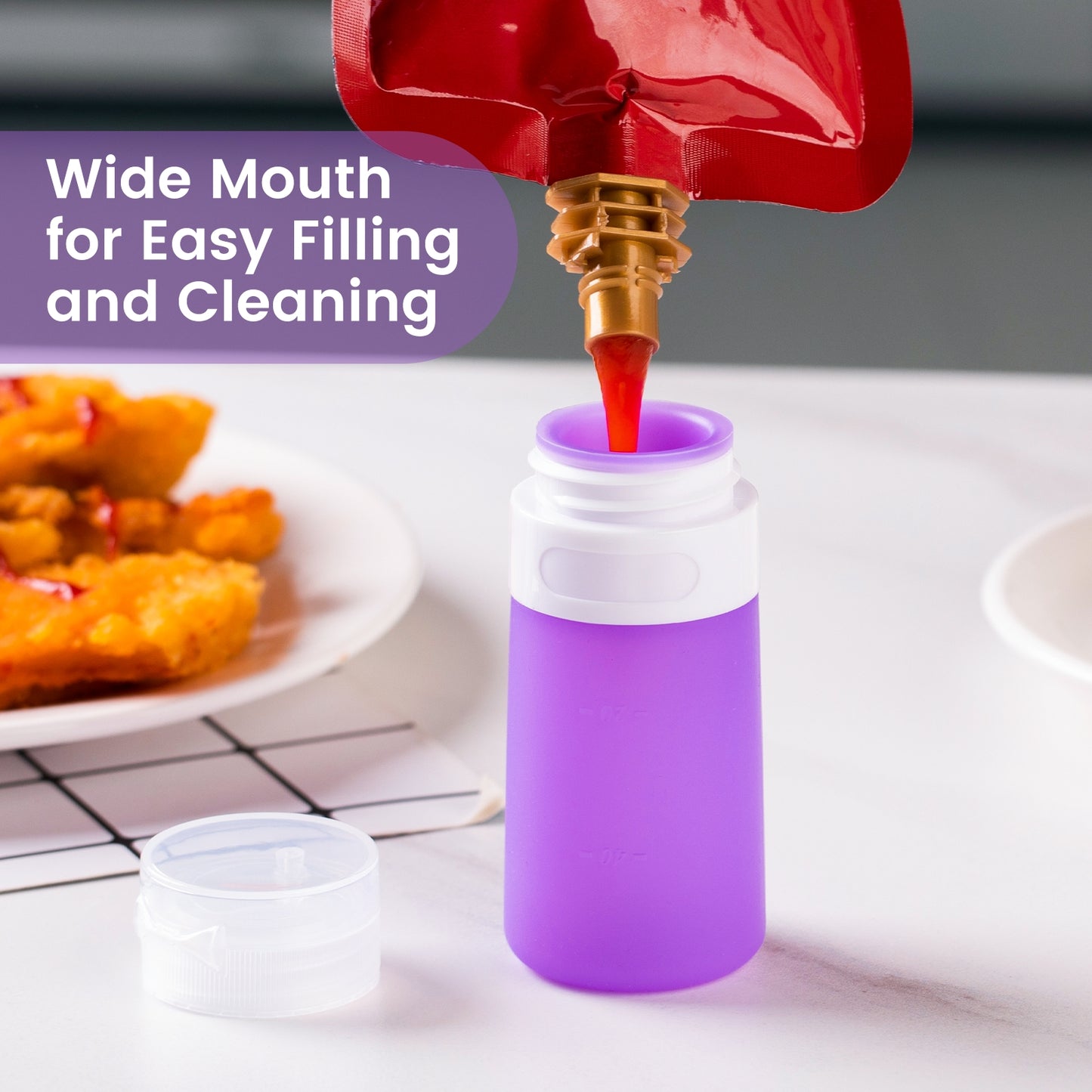 Micebay 2 oz Silicone Condiment Squeeze Bottles, Leakproof Mini Sauce Containers with Reusable Bag, 4-Pack for Meal Prep and Bento Boxes, Purple