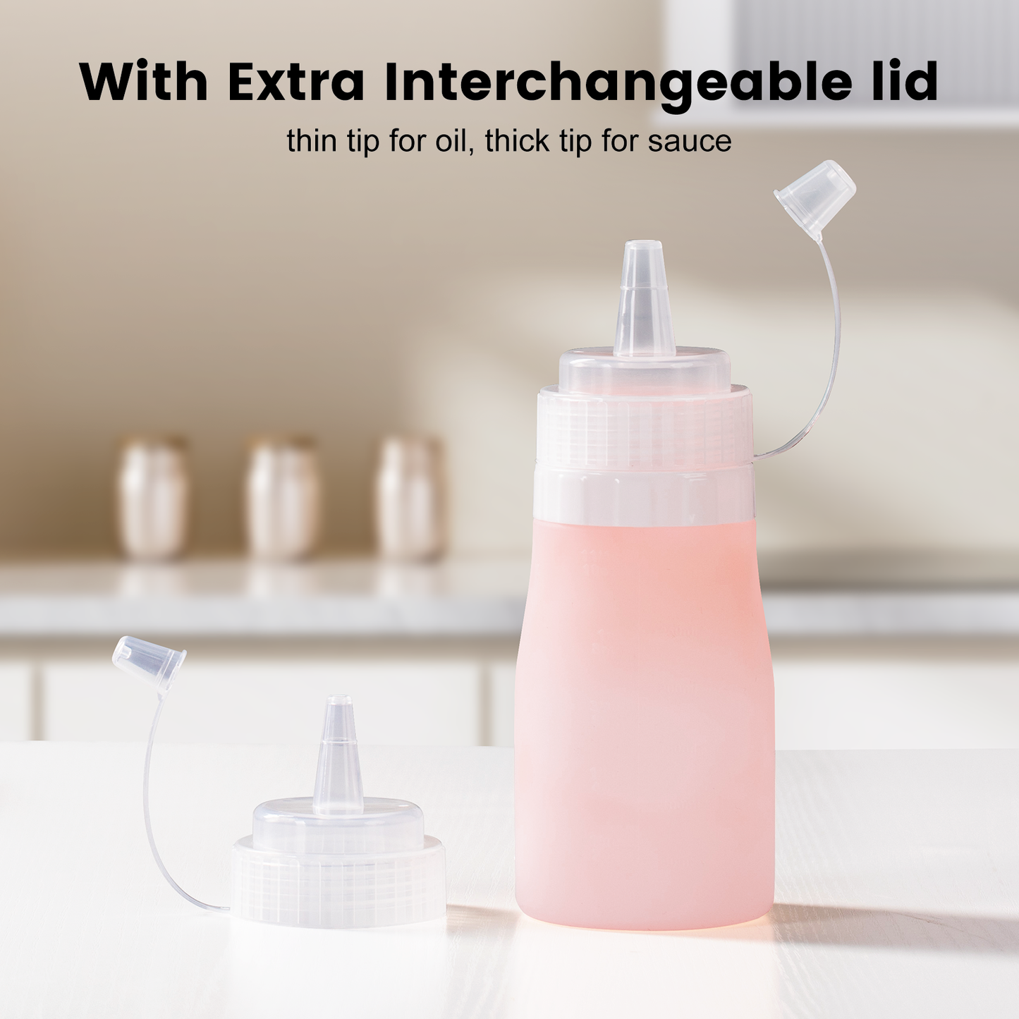 Micebay 12 oz Silicone Condiment Squeeze Bottles, Leak Proof, BPA Free, with Interchangeable Lids, Set of 4 for Oil, Honey, Dressing, Pink