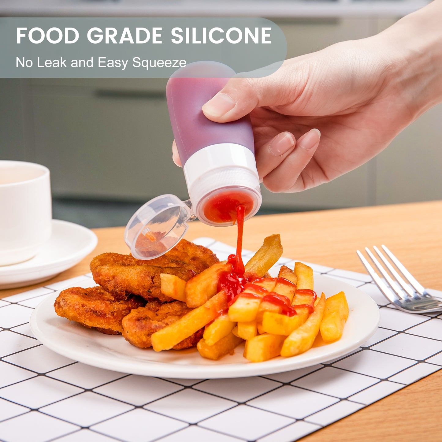 Micebay 2 oz Silicone Condiment Squeeze Bottles, Leakproof Mini Sauce Containers with Reusable Bag, 4-Pack for Meal Prep and Bento Boxes, Grey