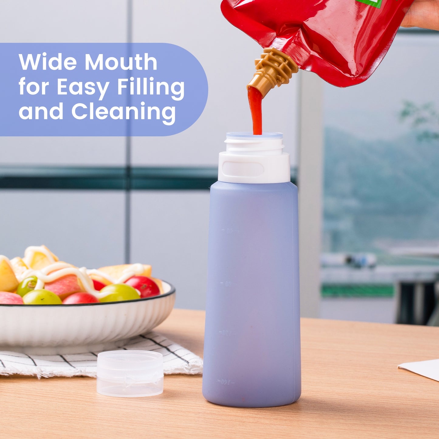 MICEBAY Condiment Squeeze Bottles for Sauces, 6-oz Small Silicone Salad Dressing Container to Go with Snack Storage Bag, Leakproof Sauce Bottles for Lunch Box, 4 Pack, Blue