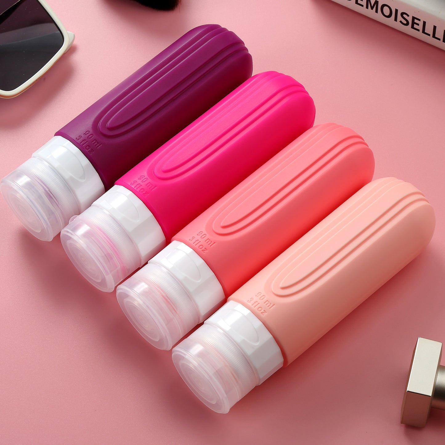 Micebay Leak-Proof 3-oz Silicone Squeezable Travel Bottles for Toiletries, Refillable Travel Size Containers, BPA Free, TSA Approved, Dark-Pureple, 4 Pack