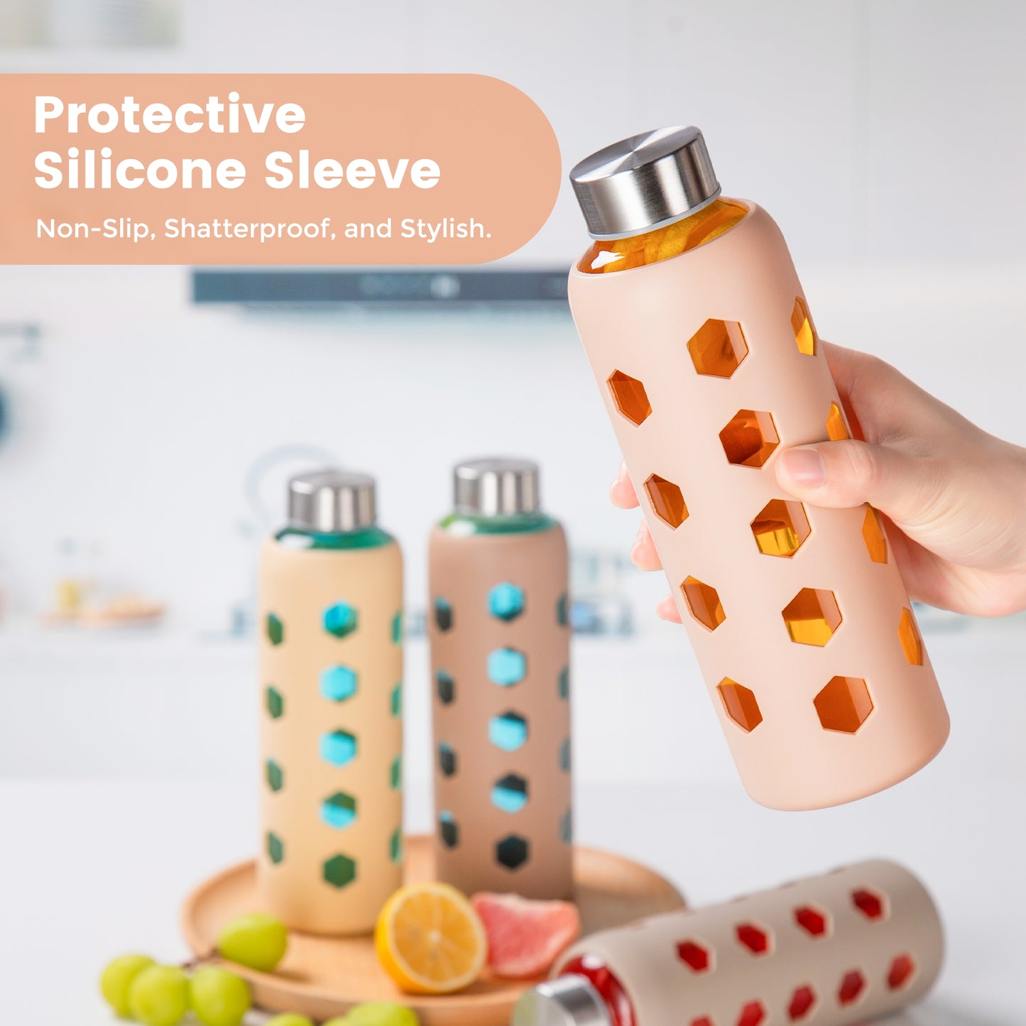 Micebay Glass Juice Bottles with Lids and Silicone Sleeves 18 oz, 4-Pack Reusable Clear Glass Water Bottles with Stainless Steel Airtight Cap for Juicing, Refrigerator, BPA Free Leak-Proof Drinking Jar