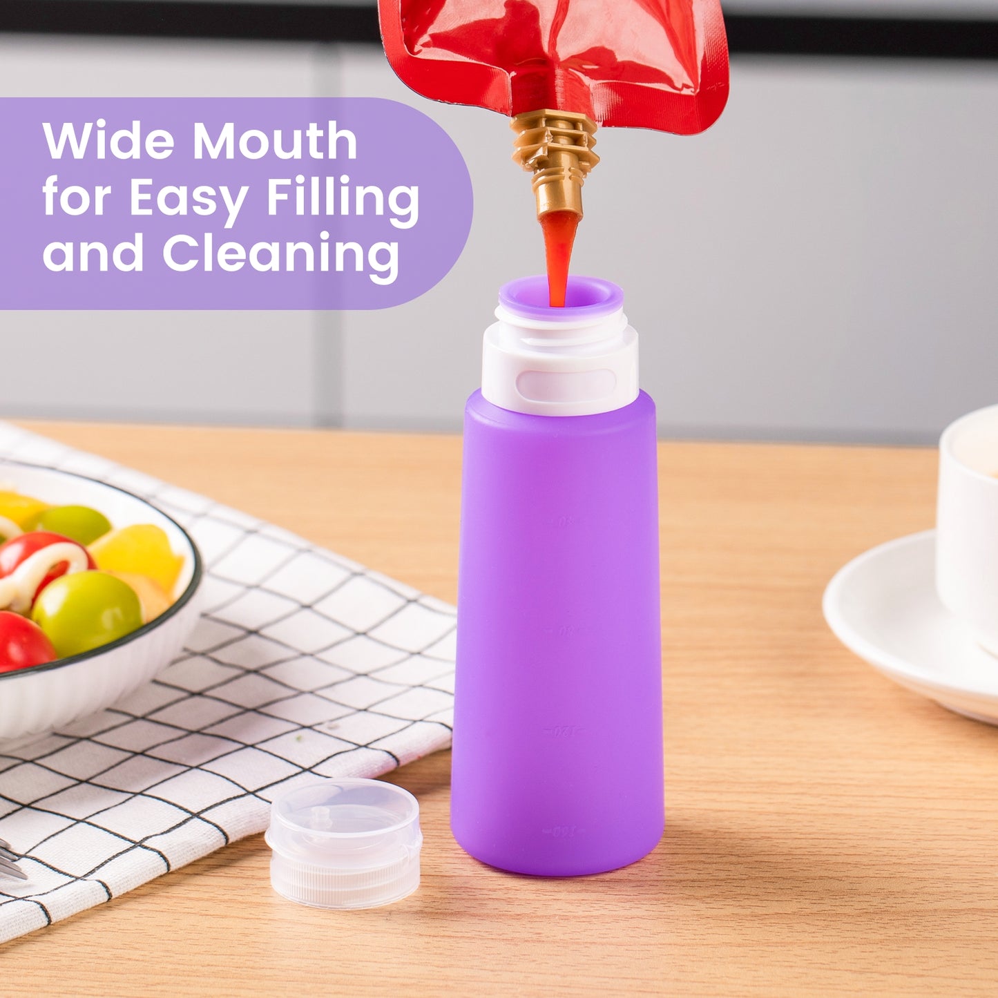 Micebay 6 oz Silicone Condiment Squeeze Bottles, Leakproof Mini Sauce Containers with Reusable Bag, 4-Pack for Meal Prep and Bento Boxes, Purple