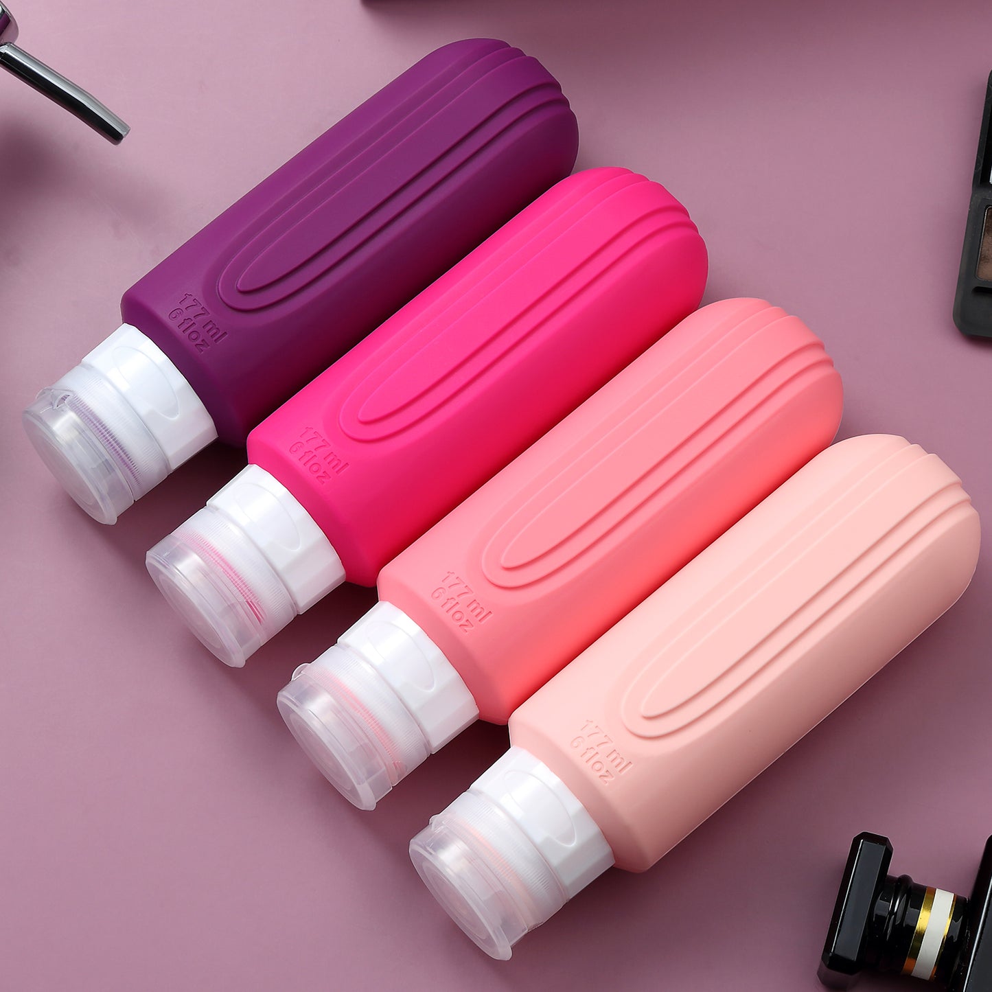 Micebay Leak-Proof 6-oz Silicone Squeezable Travel Bottles for Toiletries, Refillable Travel Size Containers, BPA Free, TSA Approved, Dark-purple, 4 Pack