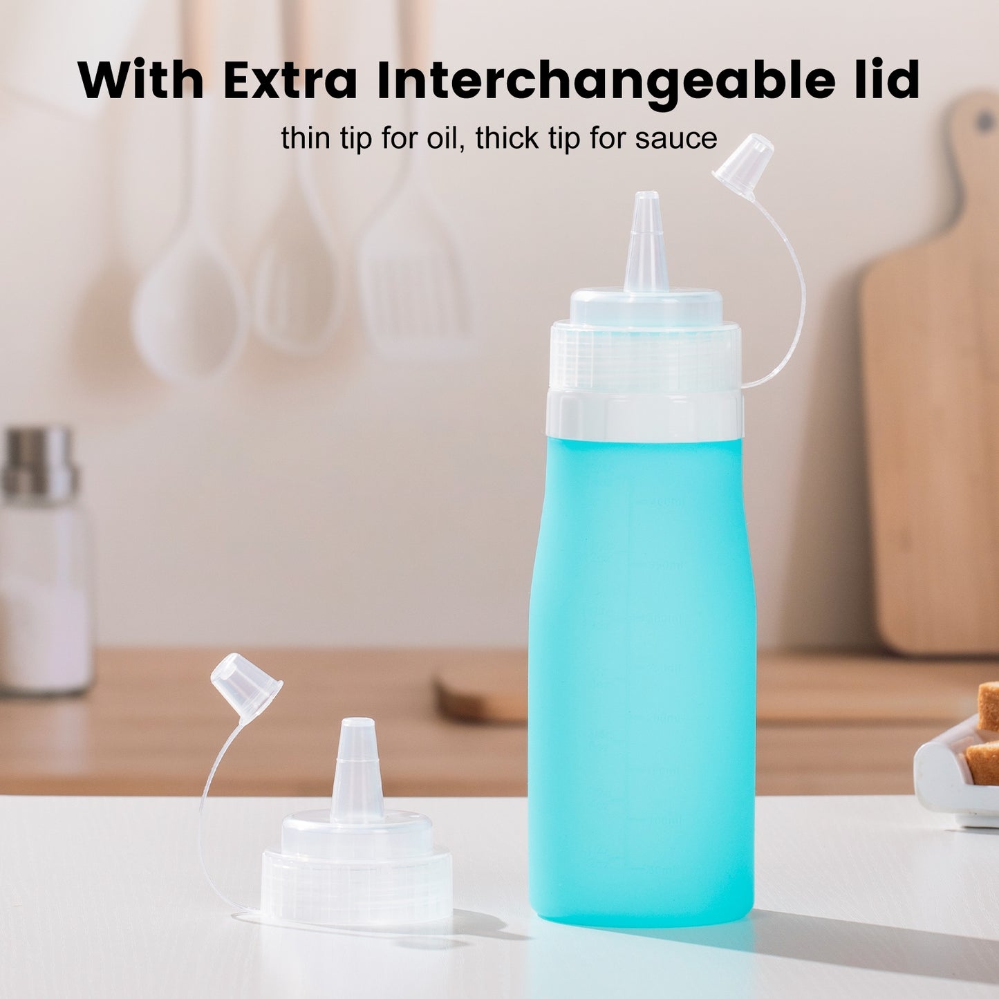 Micebay 16 oz Silicone Condiment Squeeze Bottles, Leak Proof, BPA Free, with Interchangeable Lids, Set of 4 for Oil, Honey, Dressing, Blue