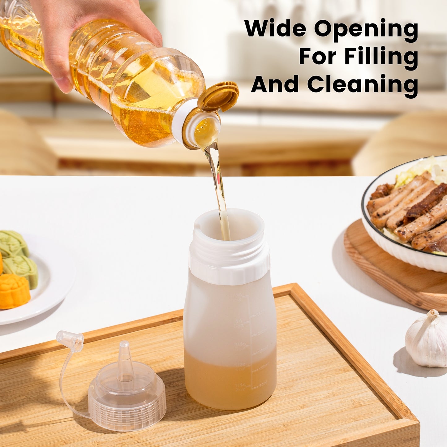 Micebay 12 oz Silicone Condiment Squeeze Bottles, Leak Proof, BPA Free, with Interchangeable Lids, Set of 4 for Oil, Honey, Dressing, Grey