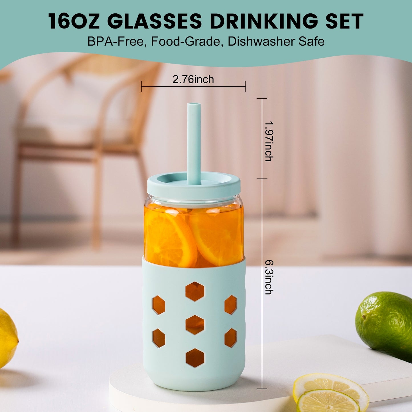 Micebay Glass Cups with Silicone Lids and Straws (4 Pcs), 16oz Drinking Glasses Set with Silicone Sleeves for Coffee Bar Accessories Iced Coffee Cups with Lids, Glass Tumbler Reusable for Gifts