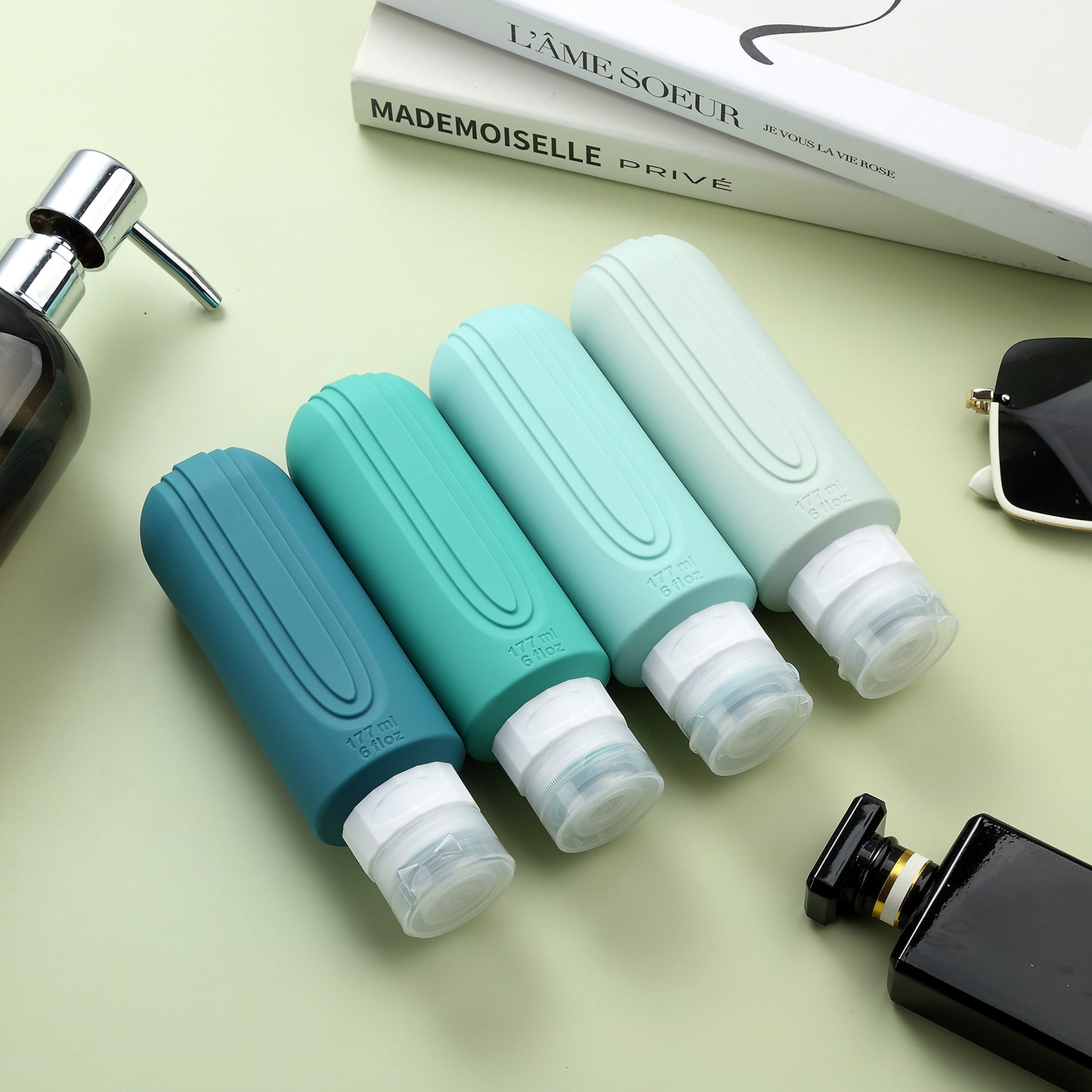 Micebay Leak-Proof 6-oz Silicone Squeezable Travel Bottles for Toiletries, Refillable Travel Size Containers, BPA Free, TSA Approved, Mint, 4 Pack