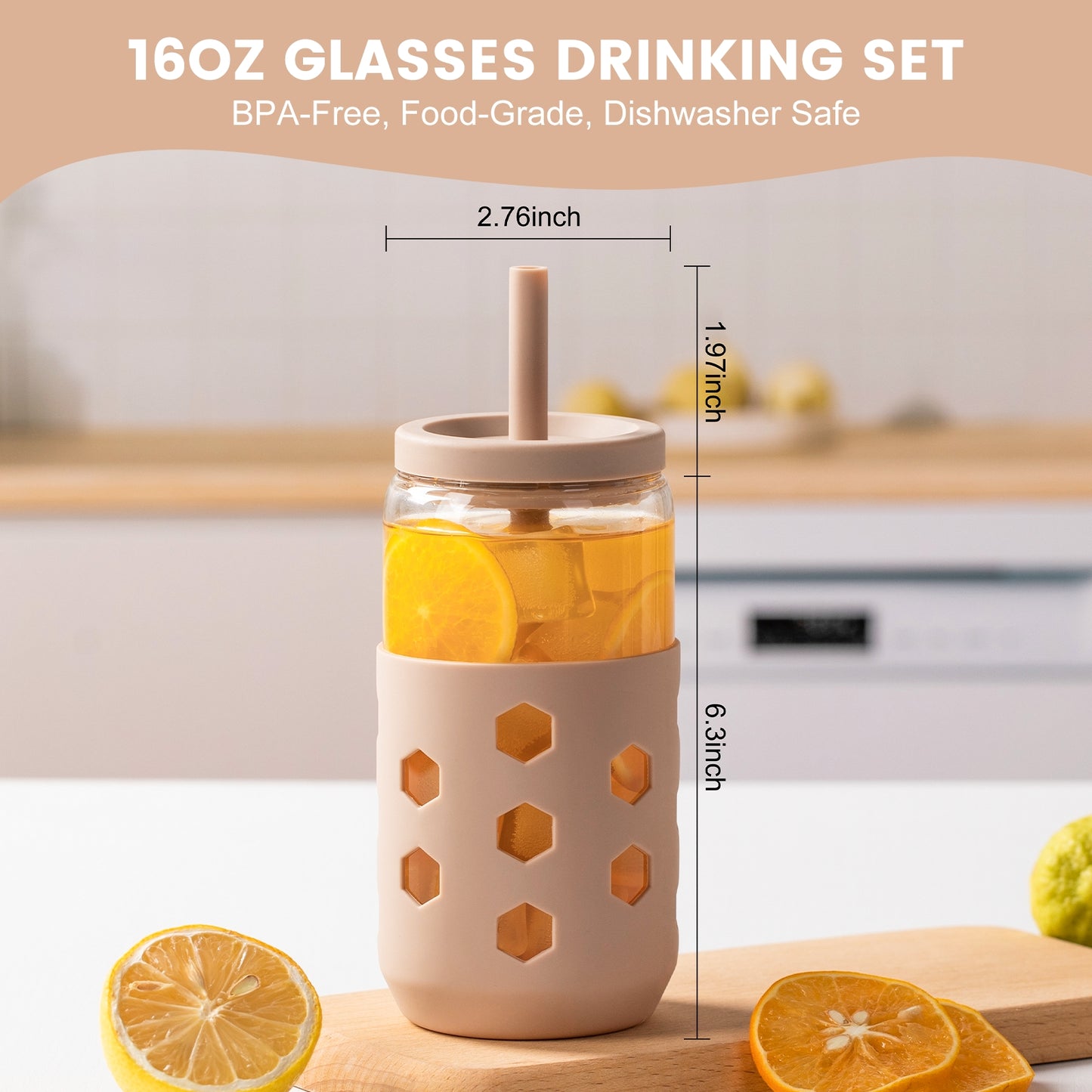 Micebay Glass Cups with Lids and Straws (4 Pack), 16oz Drinking Glasses Set with Silicone Sleeves for Coffee Bar Accessories Iced Coffee Cups with Lids, Glass Tumbler Reusable for Gifts