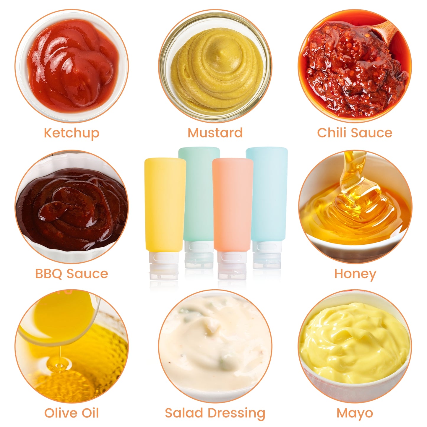 Micebay 6 oz Silicone Condiment Squeeze Bottles, Leakproof Mini Sauce Containers with Reusable Bag, 4-Pack for Meal Prep and Bento Boxes, Candies