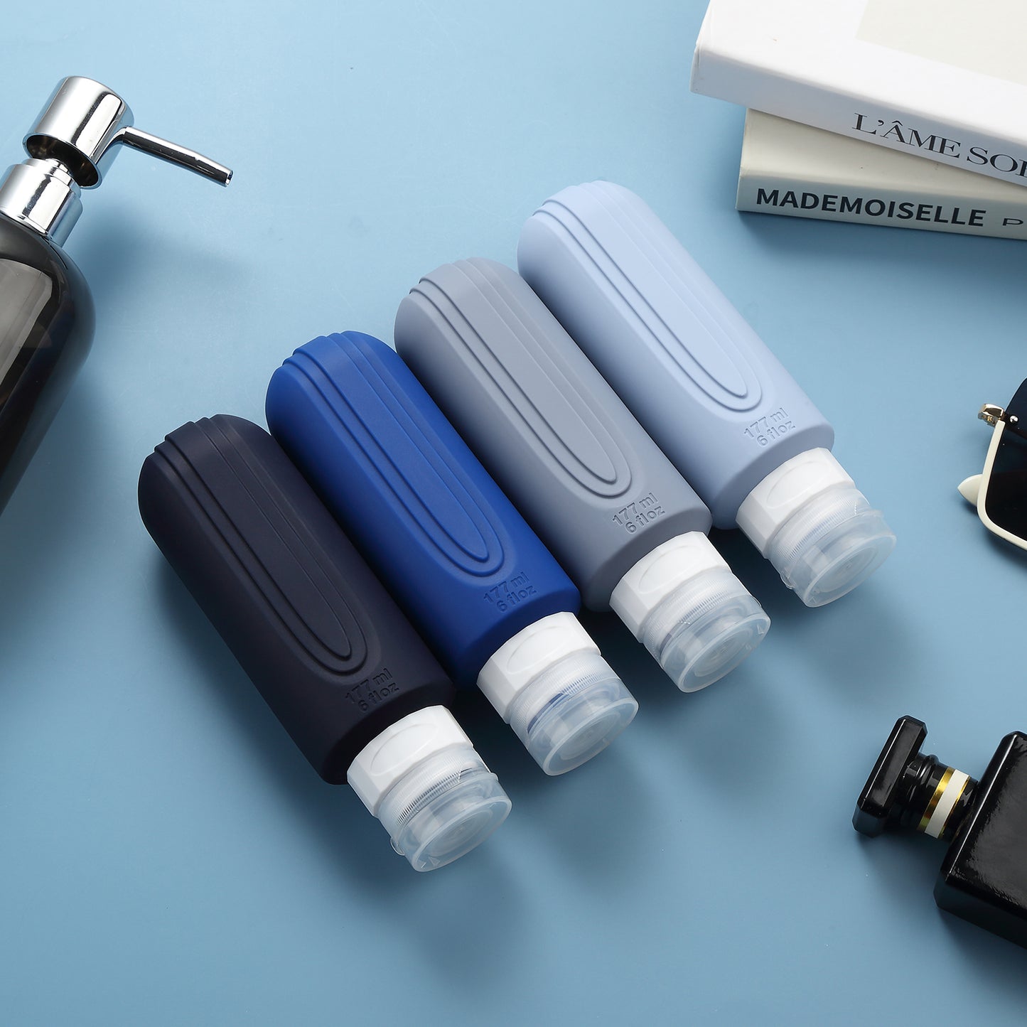 Micebay Leak-Proof 6-oz Silicone Squeezable Travel Bottles for Toiletries, Refillable Travel Size Containers, BPA Free, TSA Approved, Blue, 4 Pack