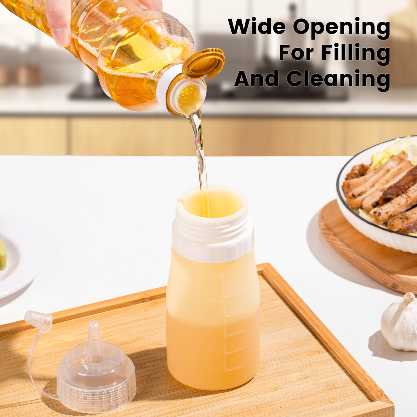 Micebay 12 oz Silicone Condiment Squeeze Bottles, Leak Proof, BPA Free, with Interchangeable Lids, Set of 4 for Oil, Honey, Dressing, Cream