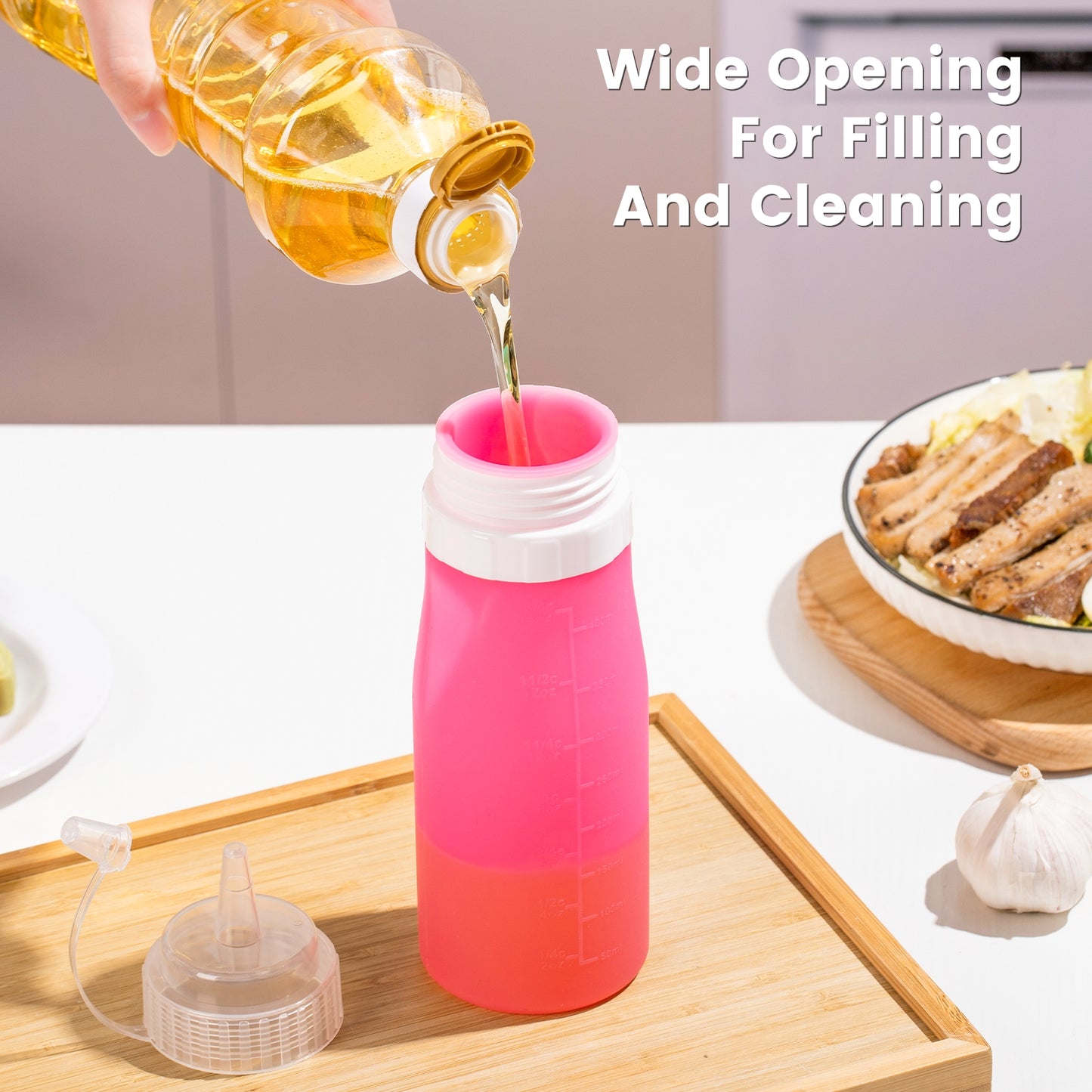 Micebay 16 oz Silicone Condiment Squeeze Bottles, Leak Proof, BPA Free, with Interchangeable Lids, Set of 4 for Oil, Honey, Dressing, Purple