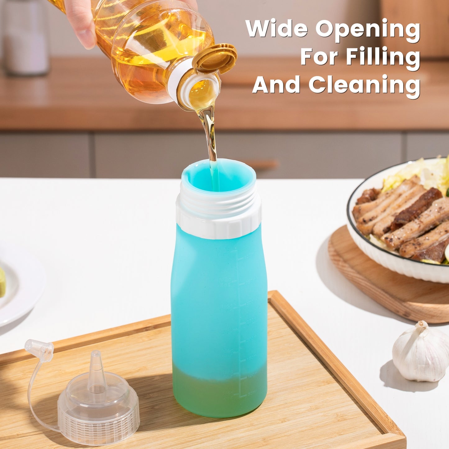 Micebay 16 oz Silicone Condiment Squeeze Bottles, Leak Proof, BPA Free, with Interchangeable Lids, Set of 4 for Oil, Honey, Dressing, Blue