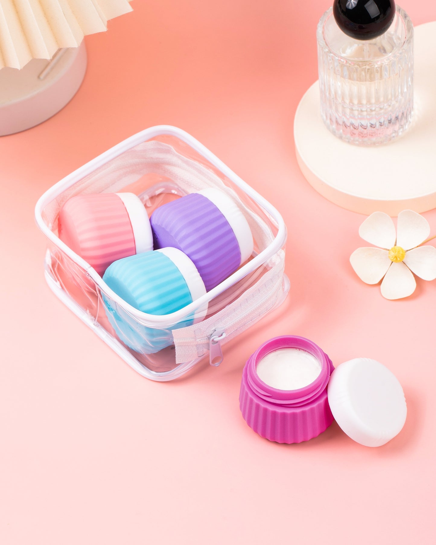 Micebay Travel Containers for Toiletries 4 Pack, TSA Approved Travel Size Toiletries, Portable Size Containers, With Clear Bag Leak Proof Silicone Jars, Essentials Creams Jars Carrying Small Items