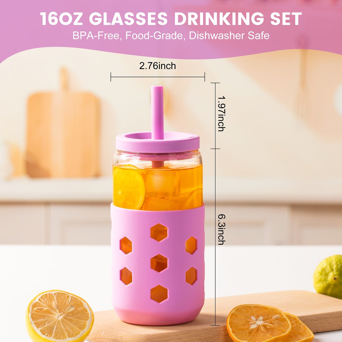 Micebay Glass Cups with Lids and Straws (4 Pack), 16oz Drinking Glasses Set with Silicone Sleeves for Coffee Bar Accessories Iced Coffee Cups with Lids, Glass Tumbler Reusable for Gifts
