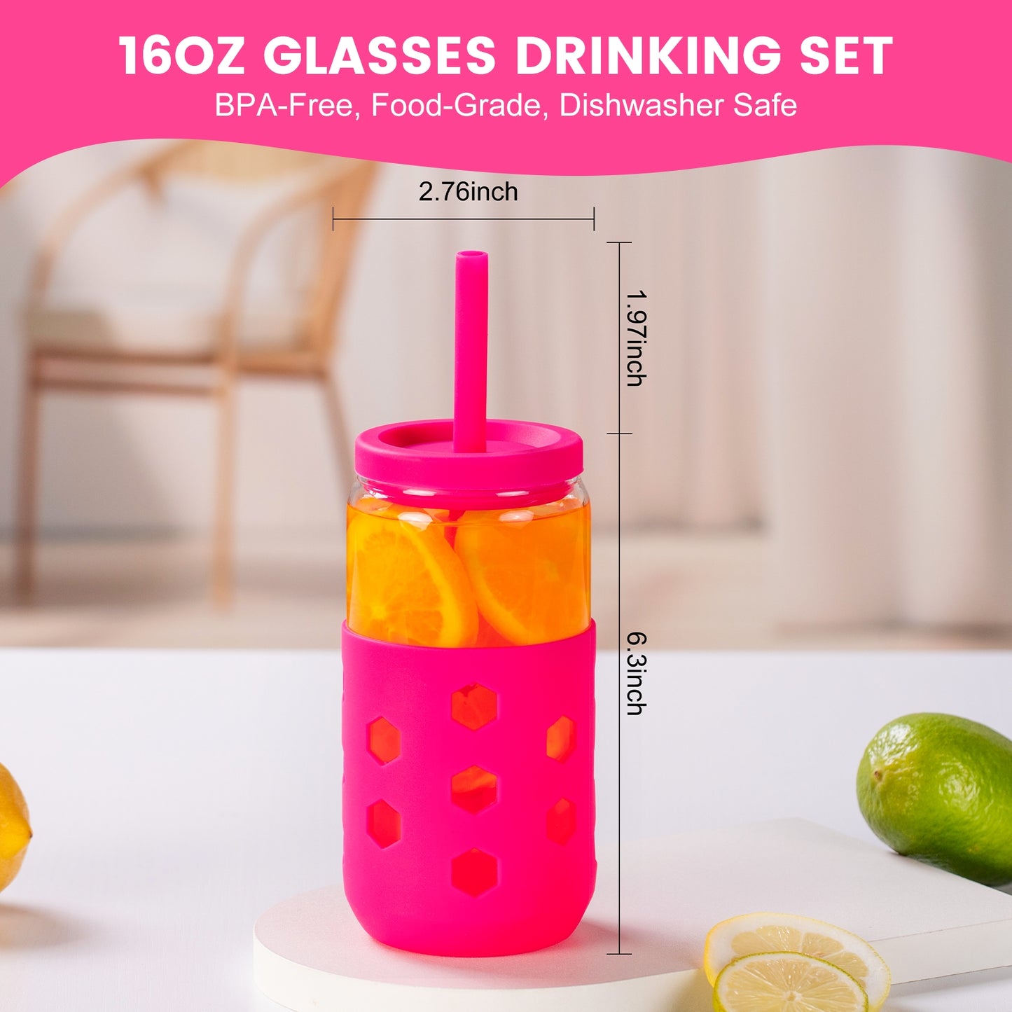 Micebay Glass Cups with Silicone Lids and Straws (4 Pcs), 16oz Drinking Glasses Set with Silicone Sleeves for Coffee Bar Accessories Iced Coffee Cups with Lids, Glass Tumbler Reusable for Gifts