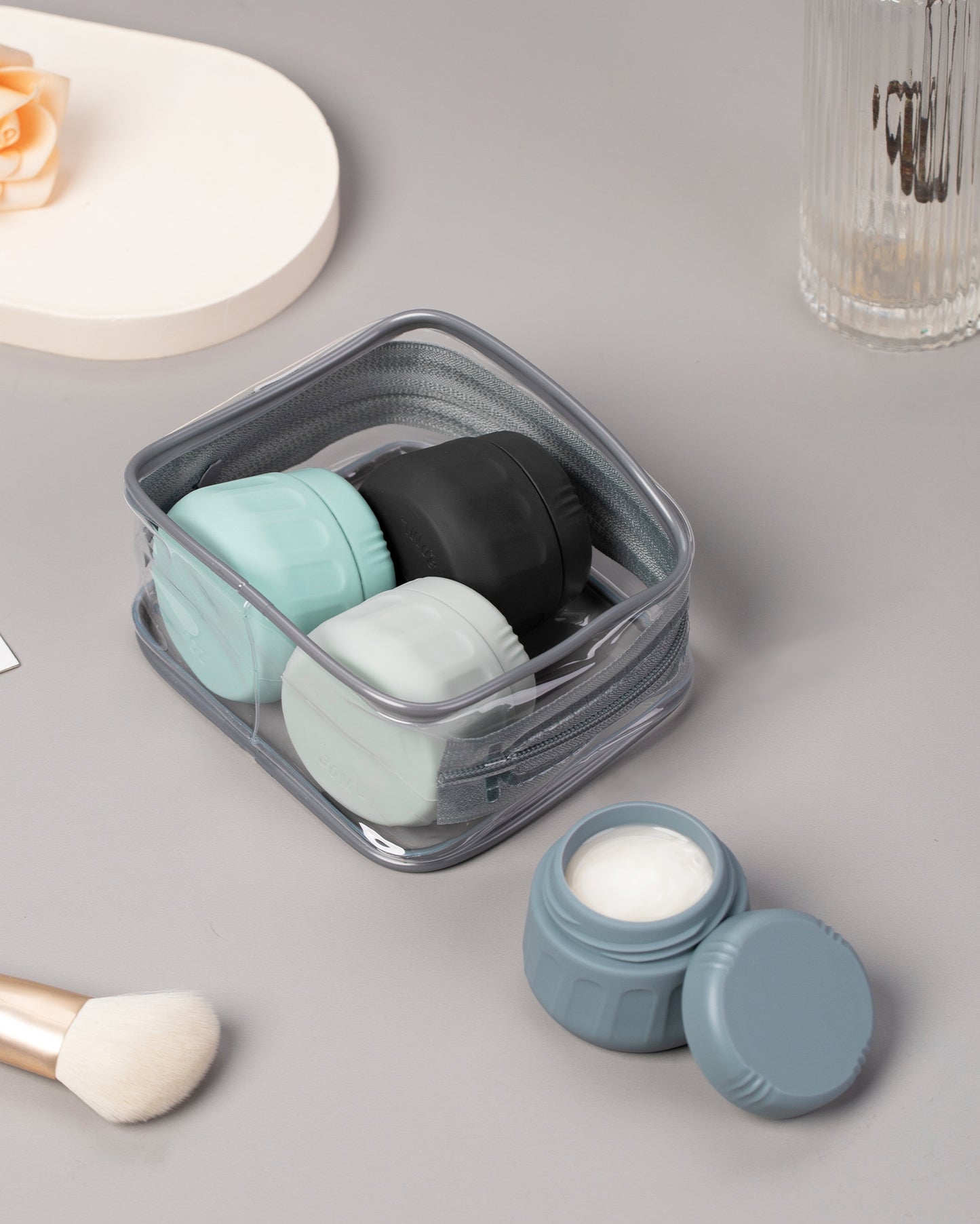 Micebay 1 oz Travel Size Toiletries, Tsa Approved Travel Containers for Toiletries [Includes 4 Jars with Bag],Gray, 4 Pack
