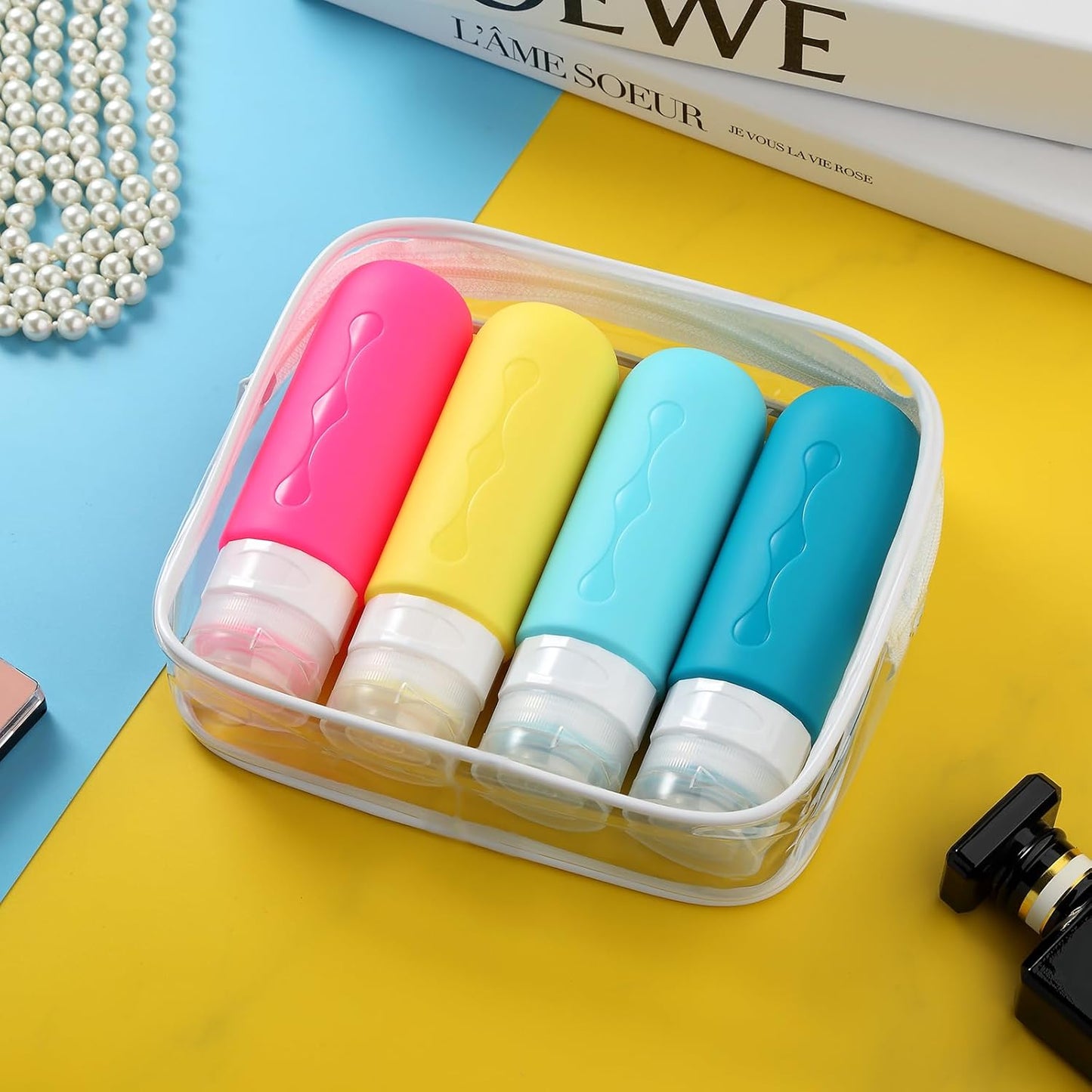 Micebay Travel Bottles for Toiletries, Tsa Approved Travel 3oz Size Containers with Clear Bag, BPA Free Leak Proof Travel Tubs Refillable Liquid Travel Accessories for Cometic Shampoo Lotion (4 Pack)