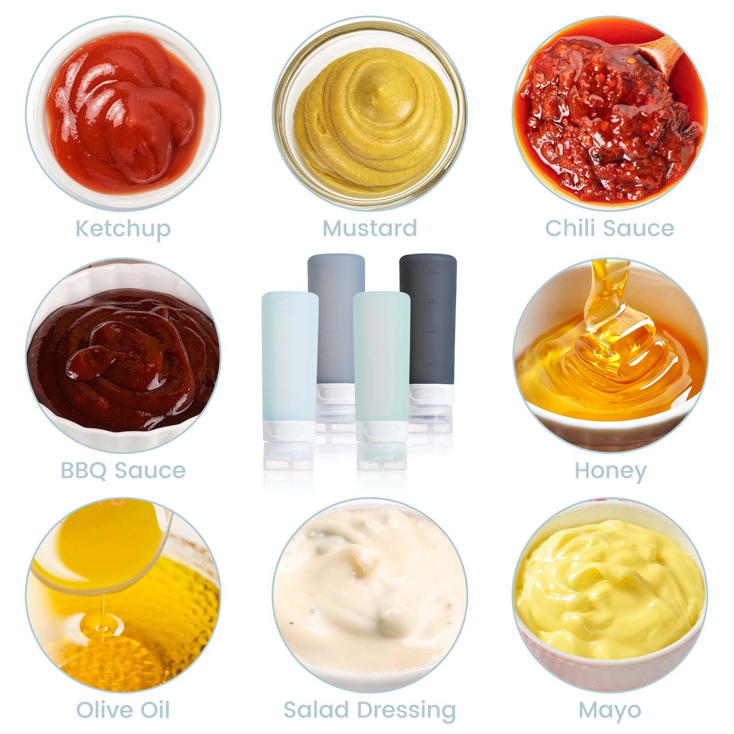 Micebay 3 oz Silicone Condiment Squeeze Bottles, Leakproof Mini Sauce Containers with Reusable Bag, 4-Pack for Meal Prep and Bento Boxes, Grey