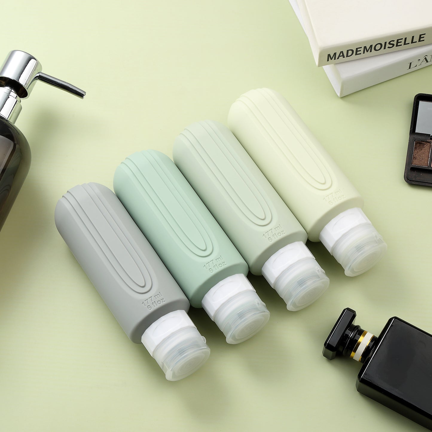 Micebay Leak-Proof 6-oz Silicone Squeezable Travel Bottles for Toiletries, Refillable Travel Size Containers, BPA Free, TSA Approved, Mint-Gray, 4 Pack
