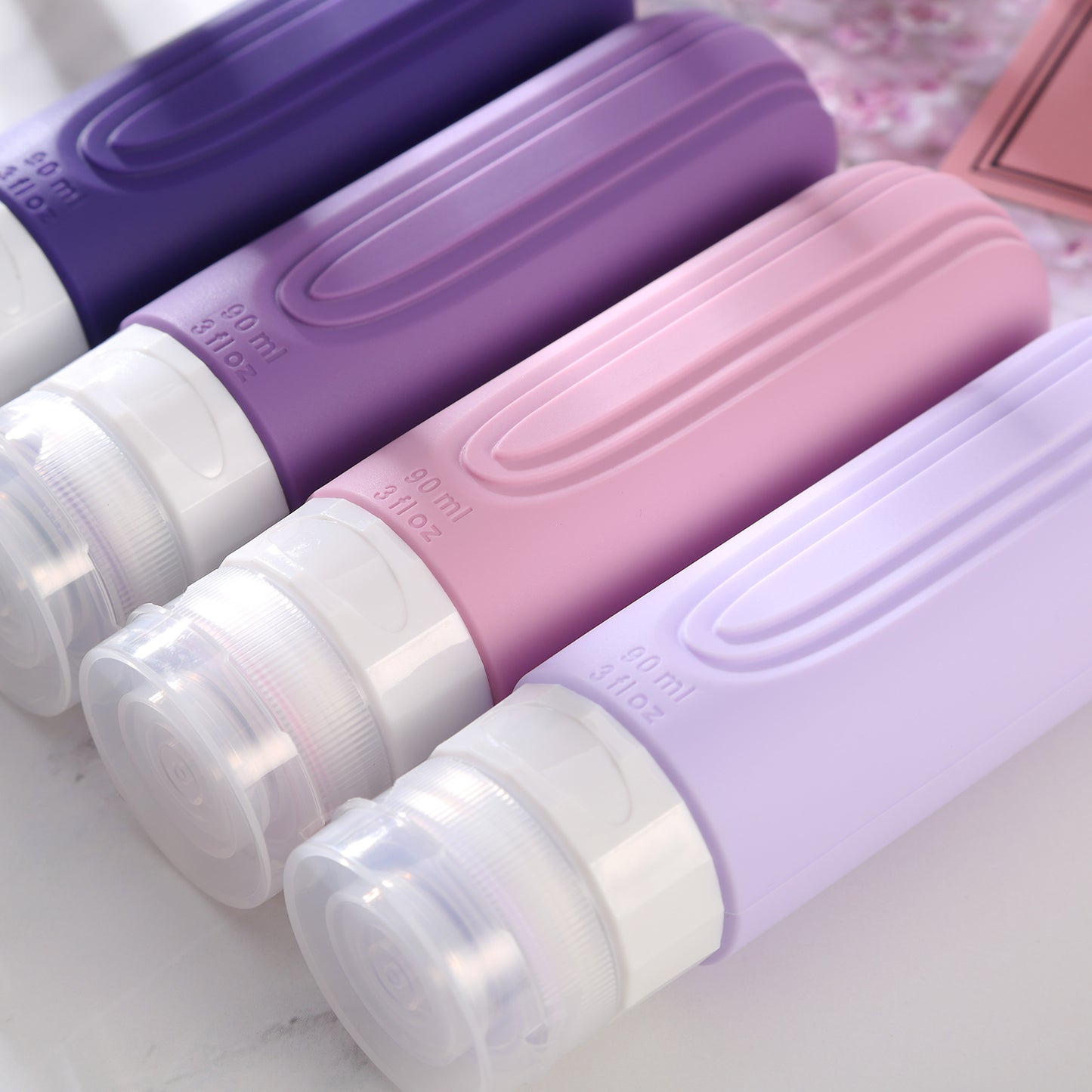 Micebay Leak-Proof 3-oz Silicone Squeezable Travel Bottles for Toiletries, Refillable Travel Size Containers, BPA Free, TSA Approved, Purple, 4 Pack
