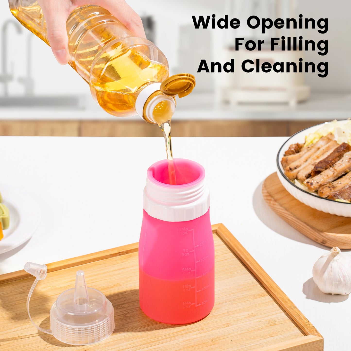 Micebay 12 oz Silicone Condiment Squeeze Bottles, Leak Proof, BPA Free, with Interchangeable Lids, Set of 4 for Oil, Honey, Dressing, Purple