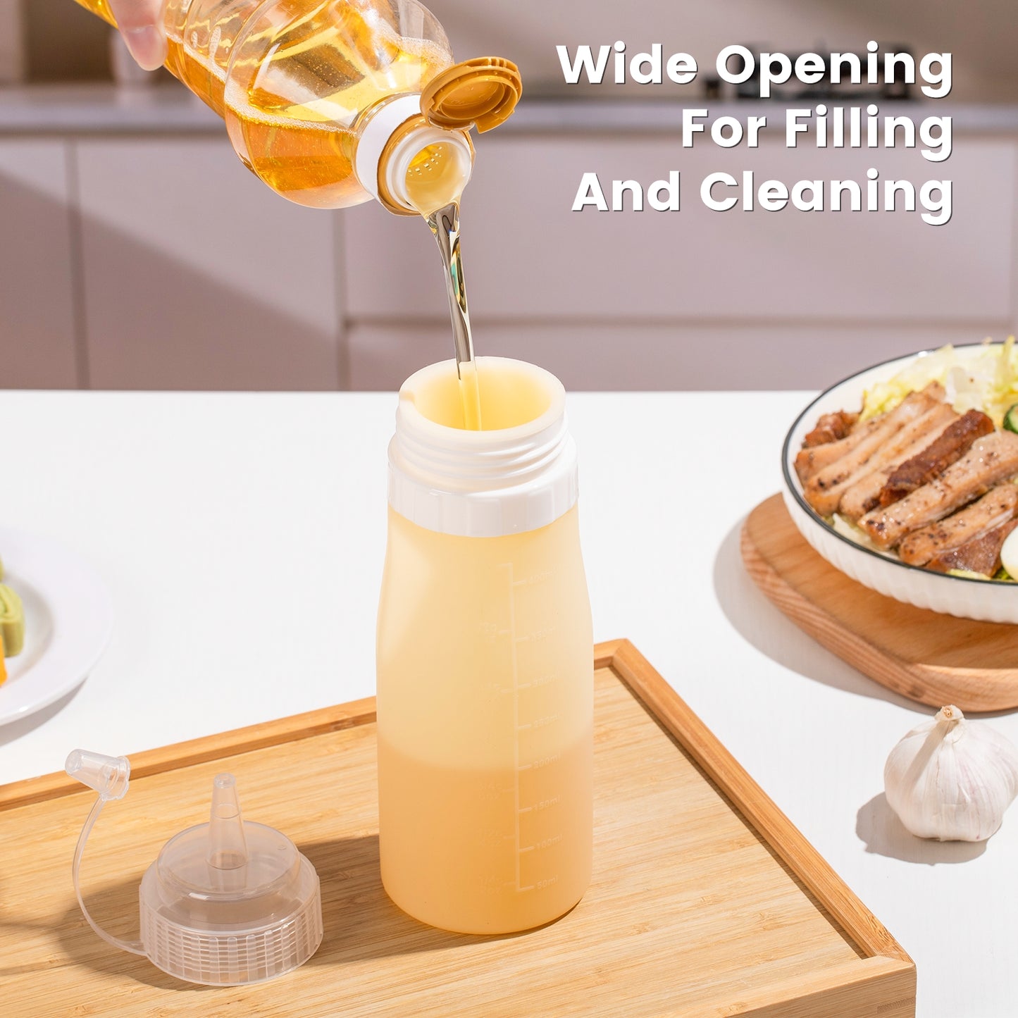 Micebay 16 oz Silicone Condiment Squeeze Bottles, Leak Proof, BPA Free, with Interchangeable Lids, Set of 4 for Oil, Honey, Dressing, Cream