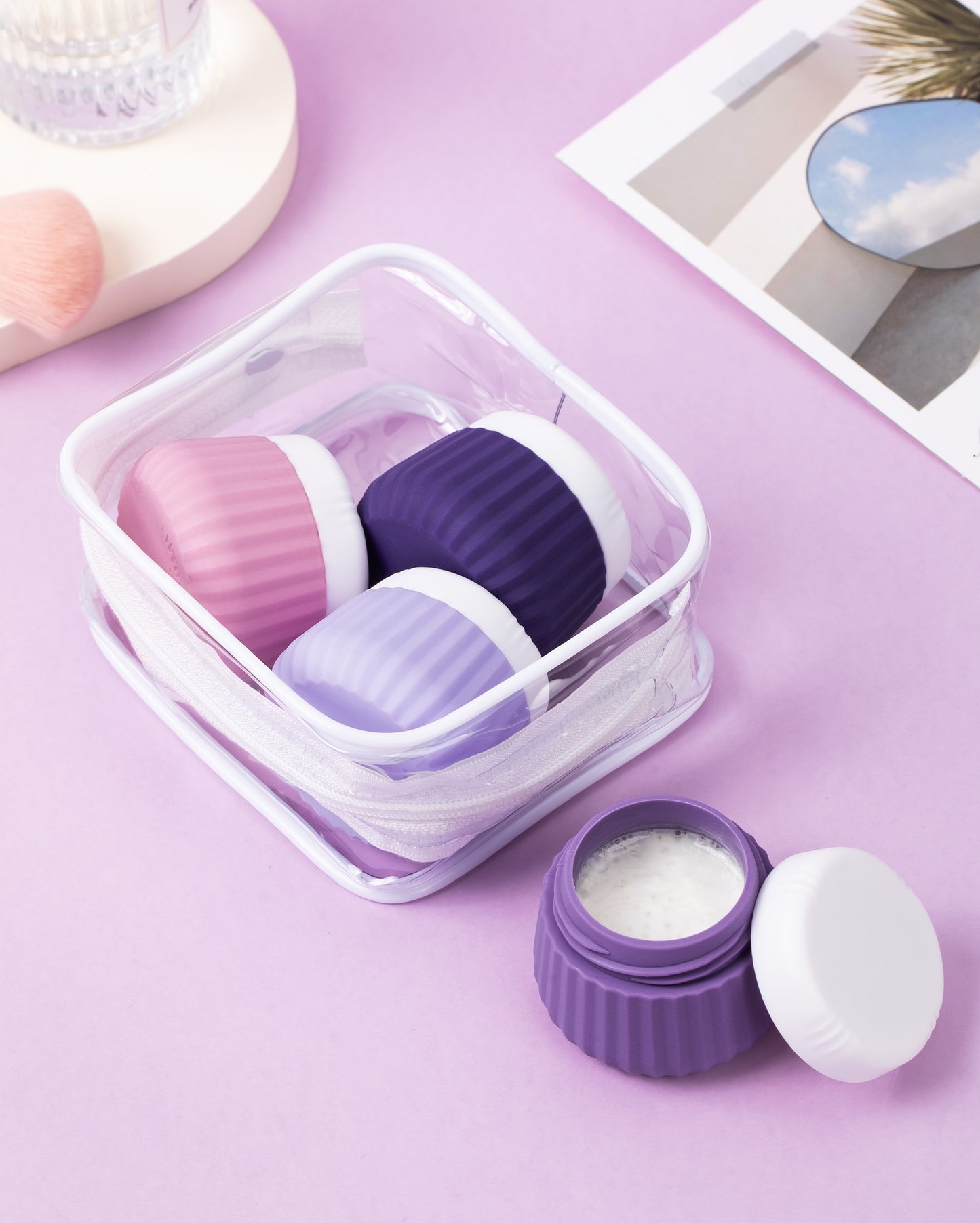 Micebay Travel Containers for Toiletries 4 Pack, TSA Approved Travel Size Toiletries, Portable Size Containers, With Clear Bag Leak Proof Silicone Jars, Essentials Creams Jars Carrying Small Items