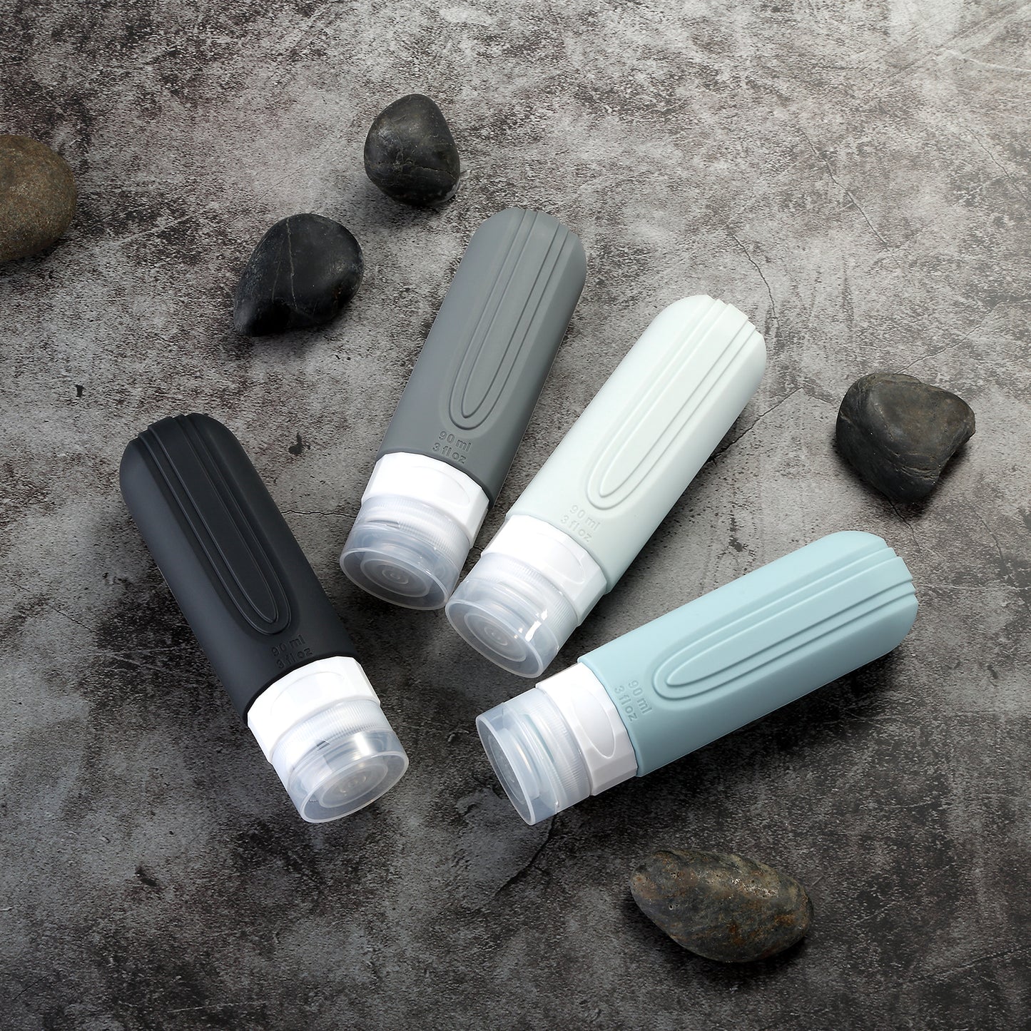 Micebay Leak-Proof 3oz Silicone Squeezable Travel Bottles for Toiletries, Refillable Travel Size Containers for Lotion, BPA Free, TSA Approved, Gray, 4 Pack