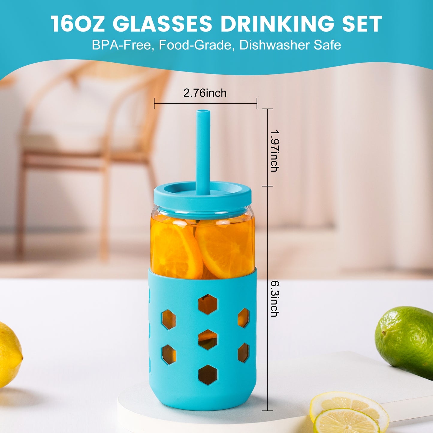 Micebay Glass Cups with Silicone Lids and Straws (4 Pcs), 16oz Drinking Glasses Set with Silicone Sleeves for Coffee Bar Accessories Iced Coffee Cups with Lids, Glass Tumbler Reusable for Gifts