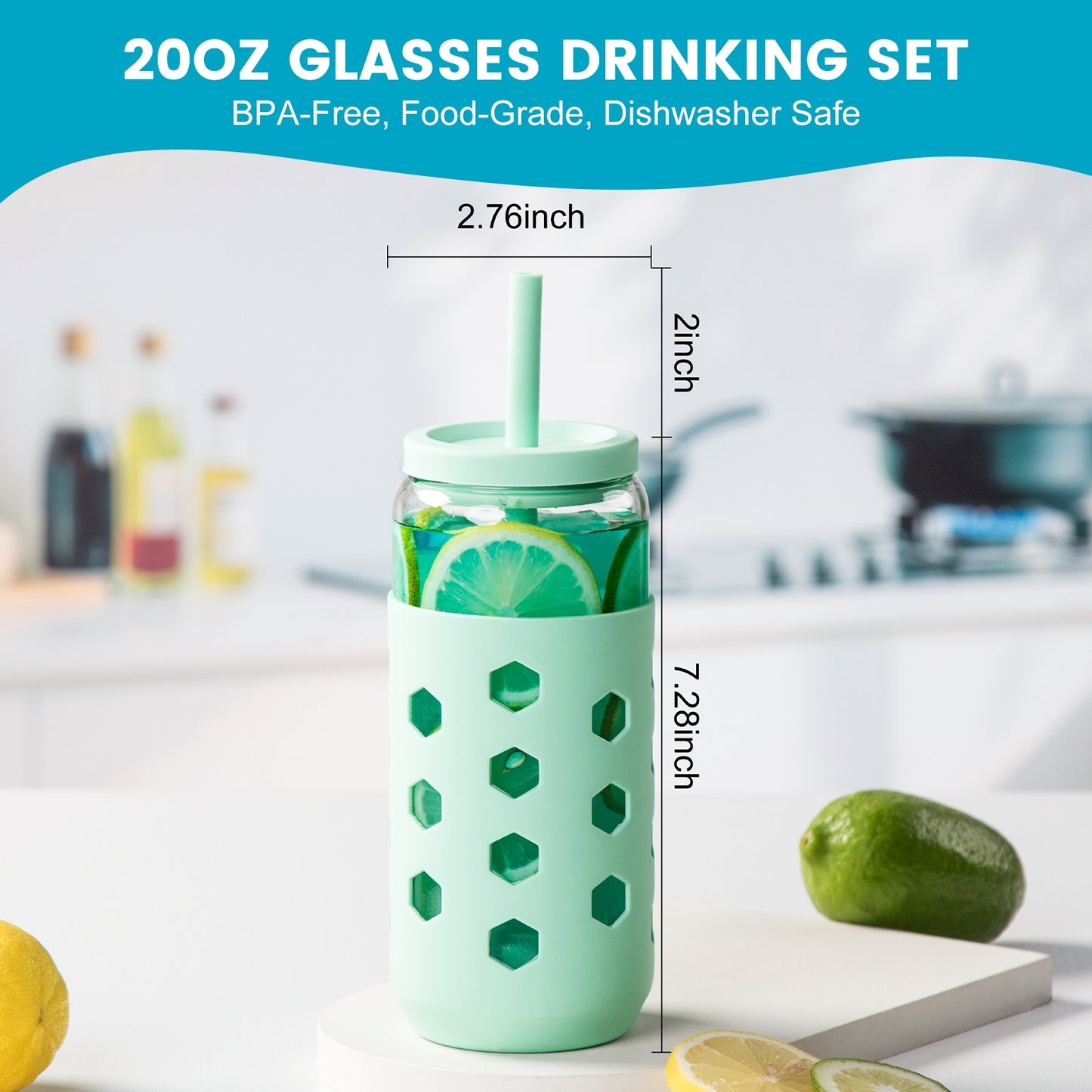 Micebay Glass Cups with Lids and Straws (4 Pcs), 20oz Drinking Glasses Set with Silicone Sleeves for Coffee Bar Accessories Iced Coffee Cups with Lids, Glass Tumbler Reusable for Gifts