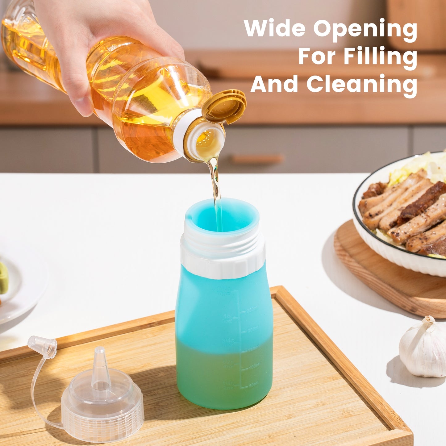 Micebay 12 oz Silicone Condiment Squeeze Bottles, Leak Proof, BPA Free, with Interchangeable Lids, Set of 4 for Oil, Honey, Dressing, Blue