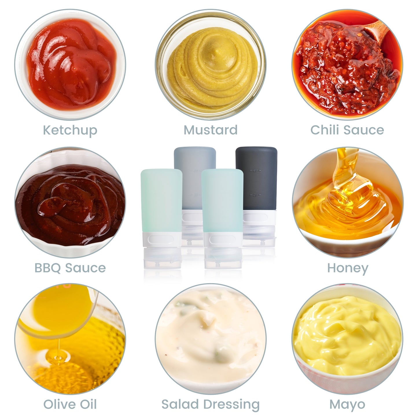 Micebay 2 oz Silicone Condiment Squeeze Bottles, Leakproof Mini Sauce Containers with Reusable Bag, 4-Pack for Meal Prep and Bento Boxes, Grey