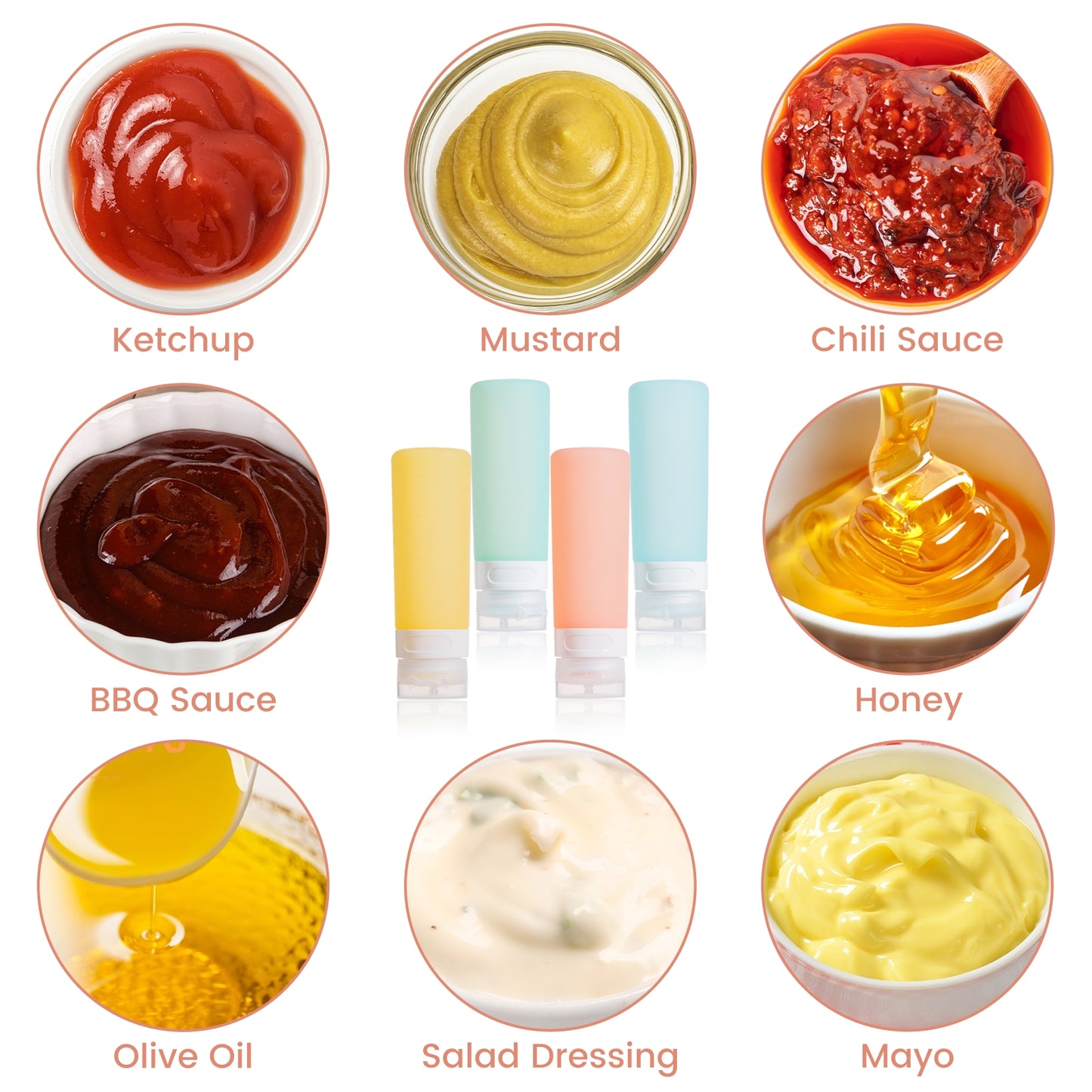 Micebay 3 oz Silicone Condiment Squeeze Bottles, Leakproof Mini Sauce Containers with Reusable Bag, 4-Pack for Meal Prep and Bento Boxes, Candies