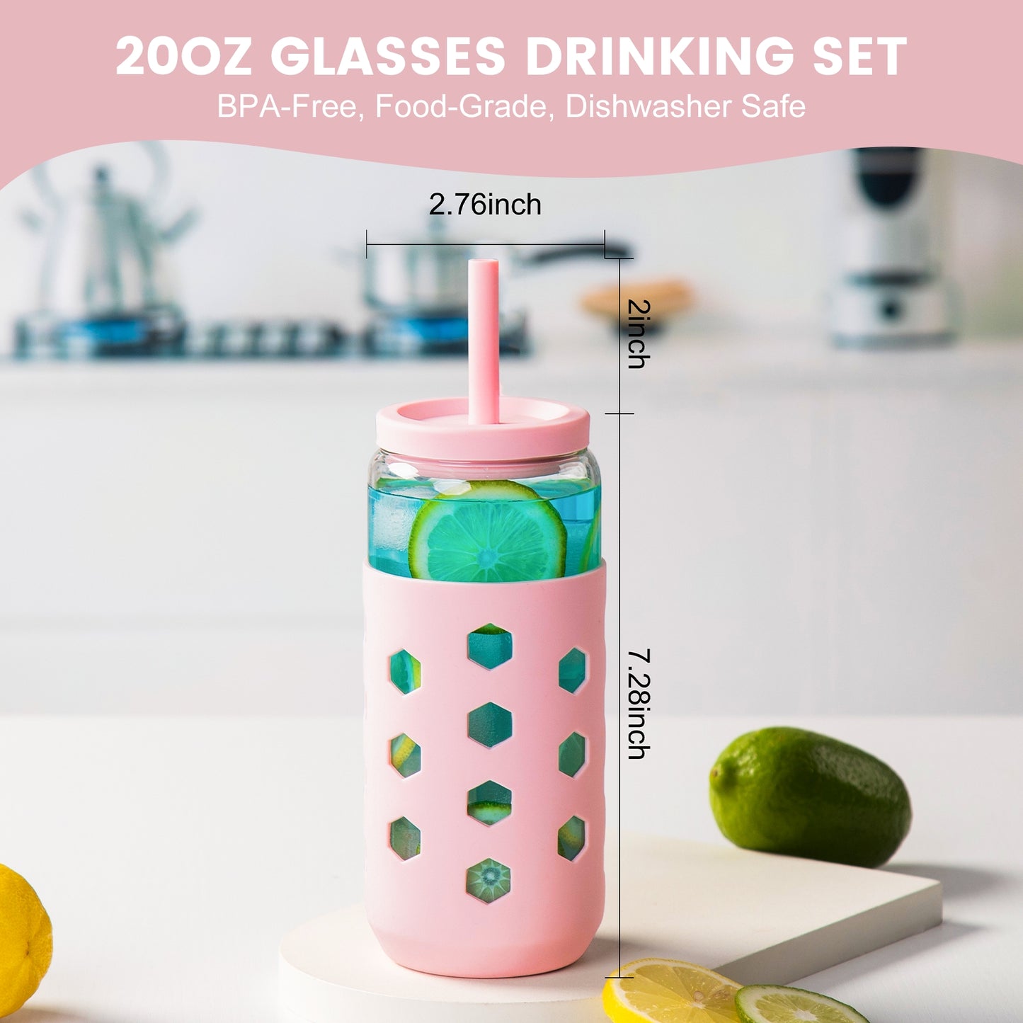 Micebay 20 oz Glass Cups With Lids and Straws, 4-Pack Iced Coffee Cup - Smoothie Cup With Silicone Lid and Sleeve for Coffee Bar Accessory, Cute Drinking Glasses Set Reusable Glass Tumbler for Gifts