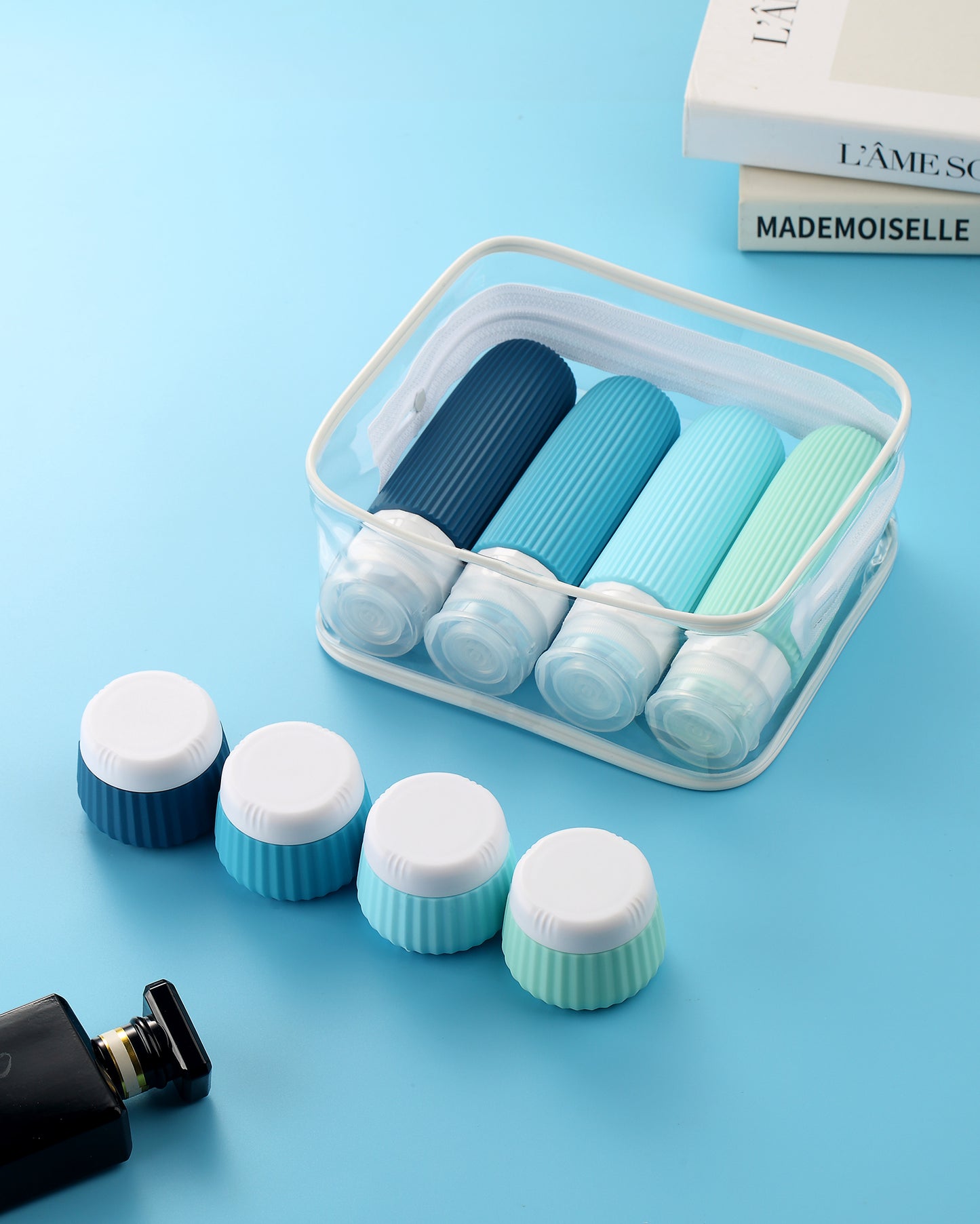 Micebay Travel Bottles for Toiletries 8 Pack, Tsa Approved Travel Size Toiletries 3 oz, Containers for Toiletries, with Clear Bag, Leak Proof Silicone Squeezable Essentials Creams Jars